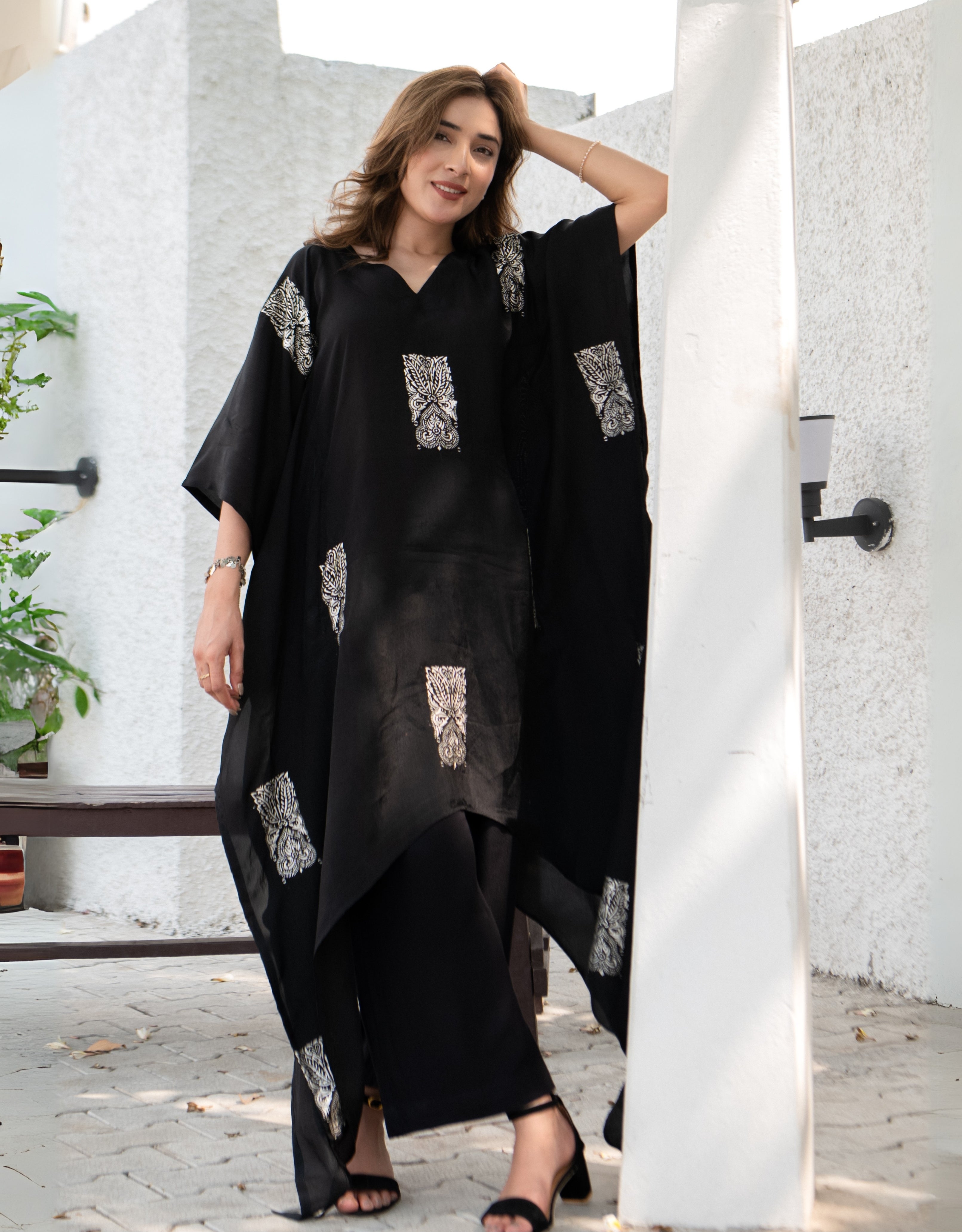 Twilight Bloom Real Silver Habutai Silk Kaftan