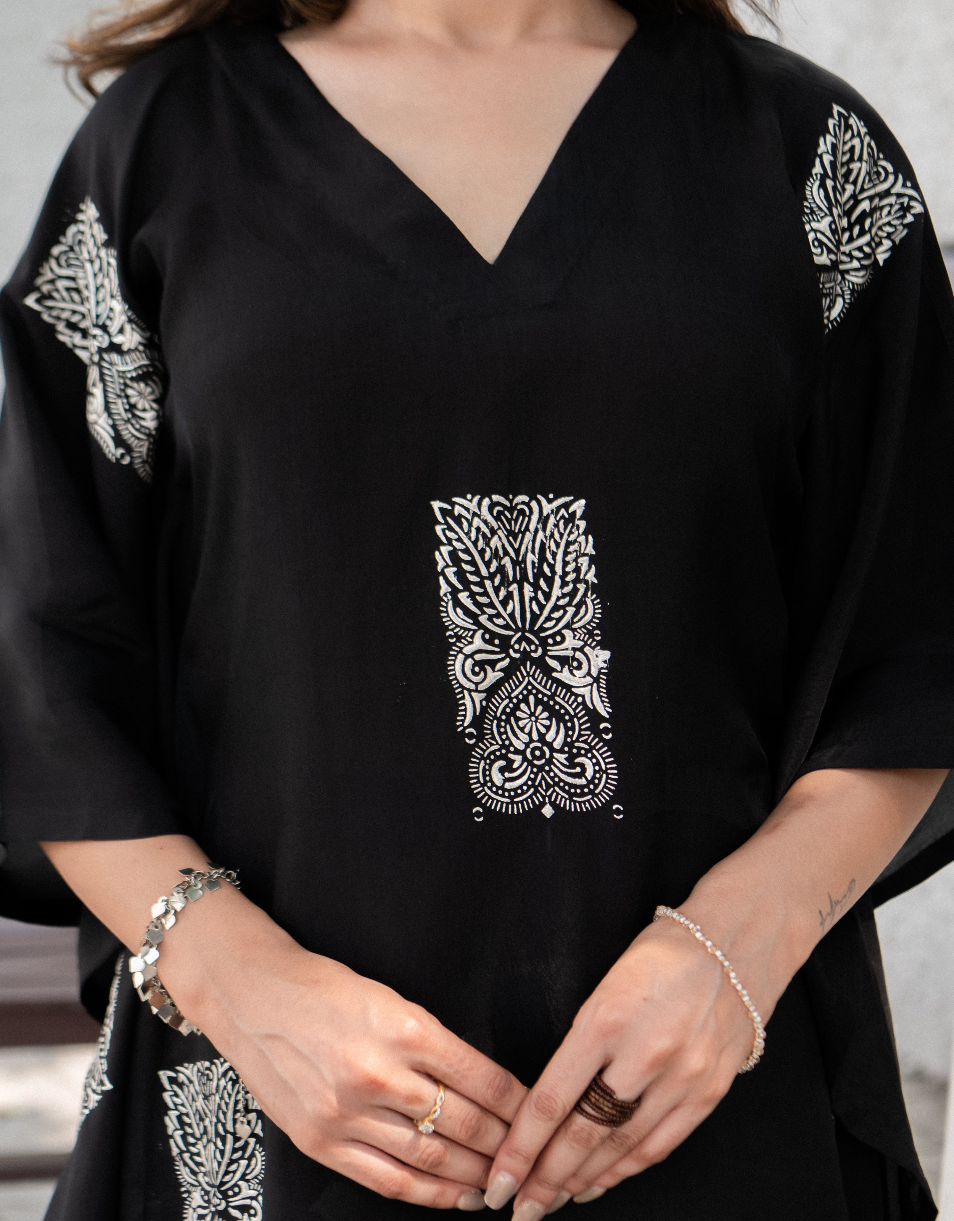 Twilight Bloom Real Silver Habutai Silk Kaftan