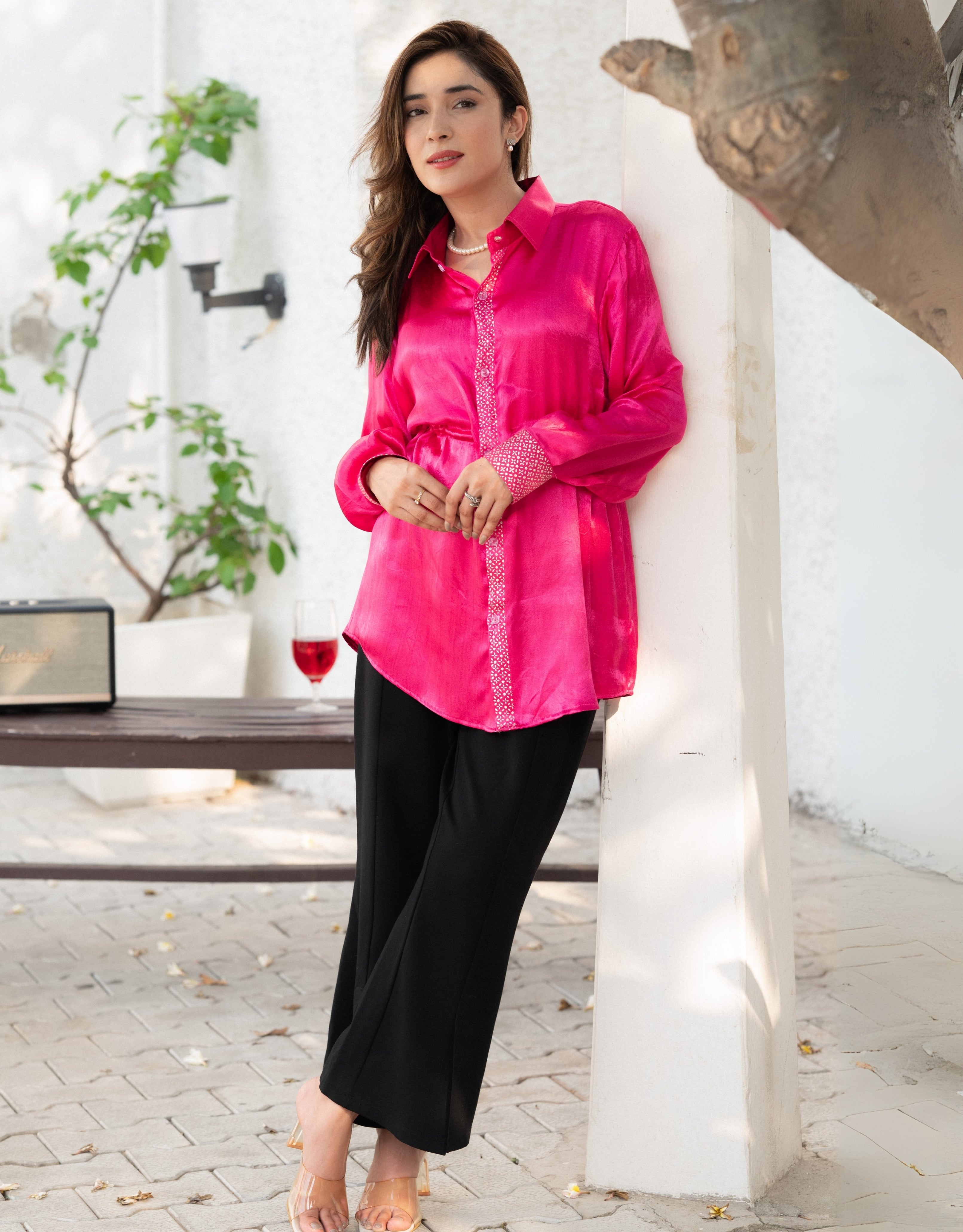 Berry Real Silver Drawstring Waist Mashru Shirt