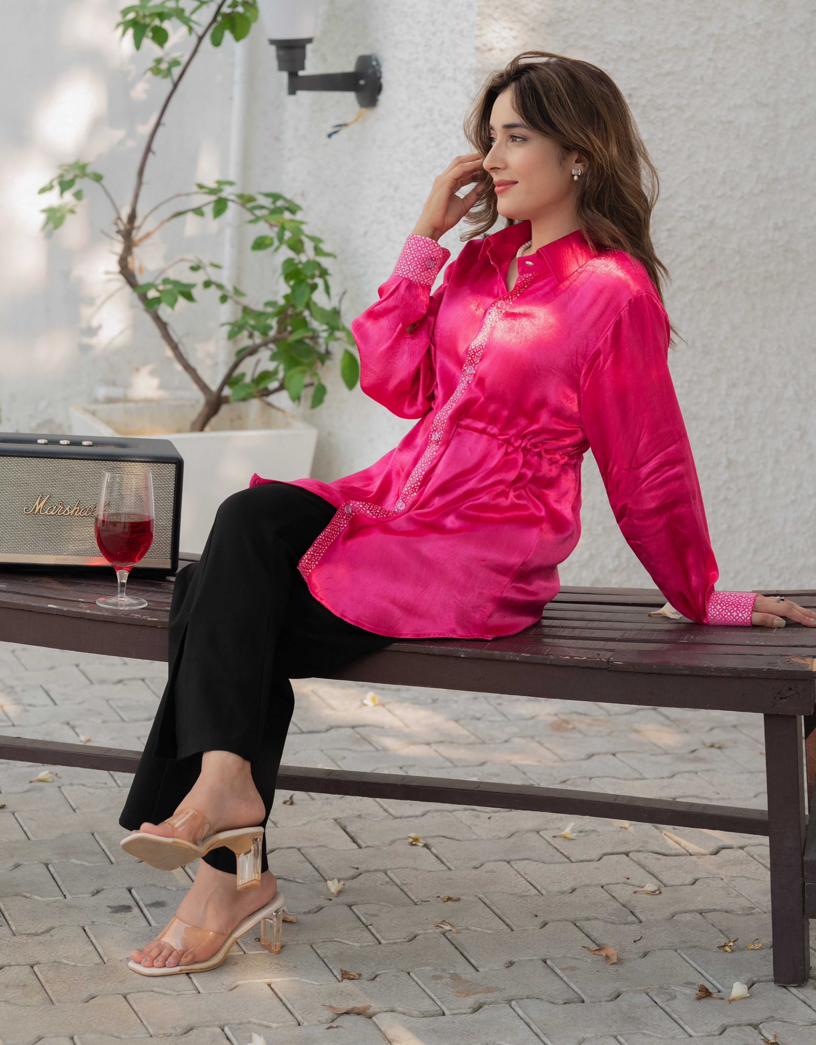 Berry Real Silver Drawstring Waist Mashru Shirt