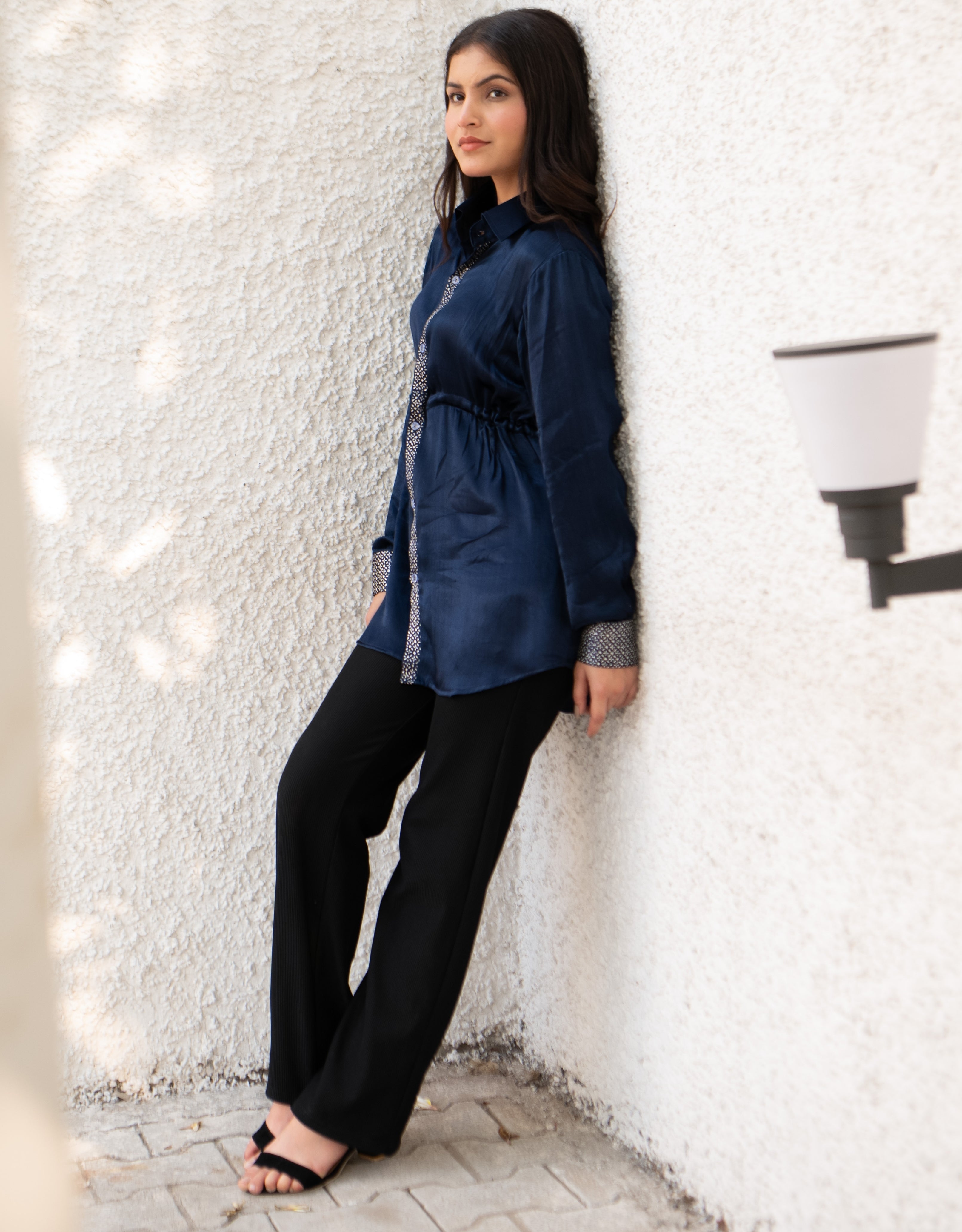 Deep Sea Real Silver Drawstring Waist Mashru Shirt