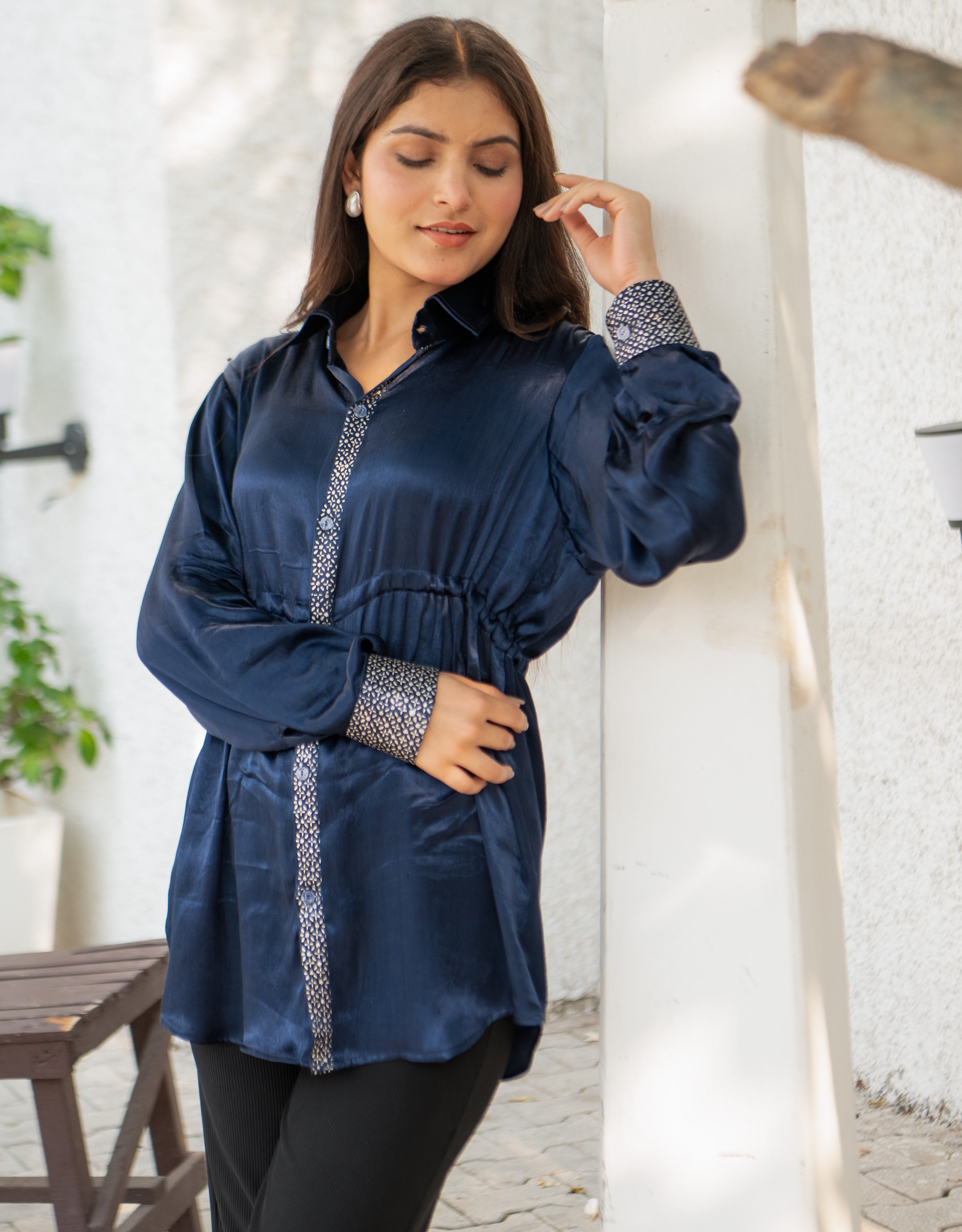 Deep Sea Real Silver Drawstring Waist Mashru Shirt