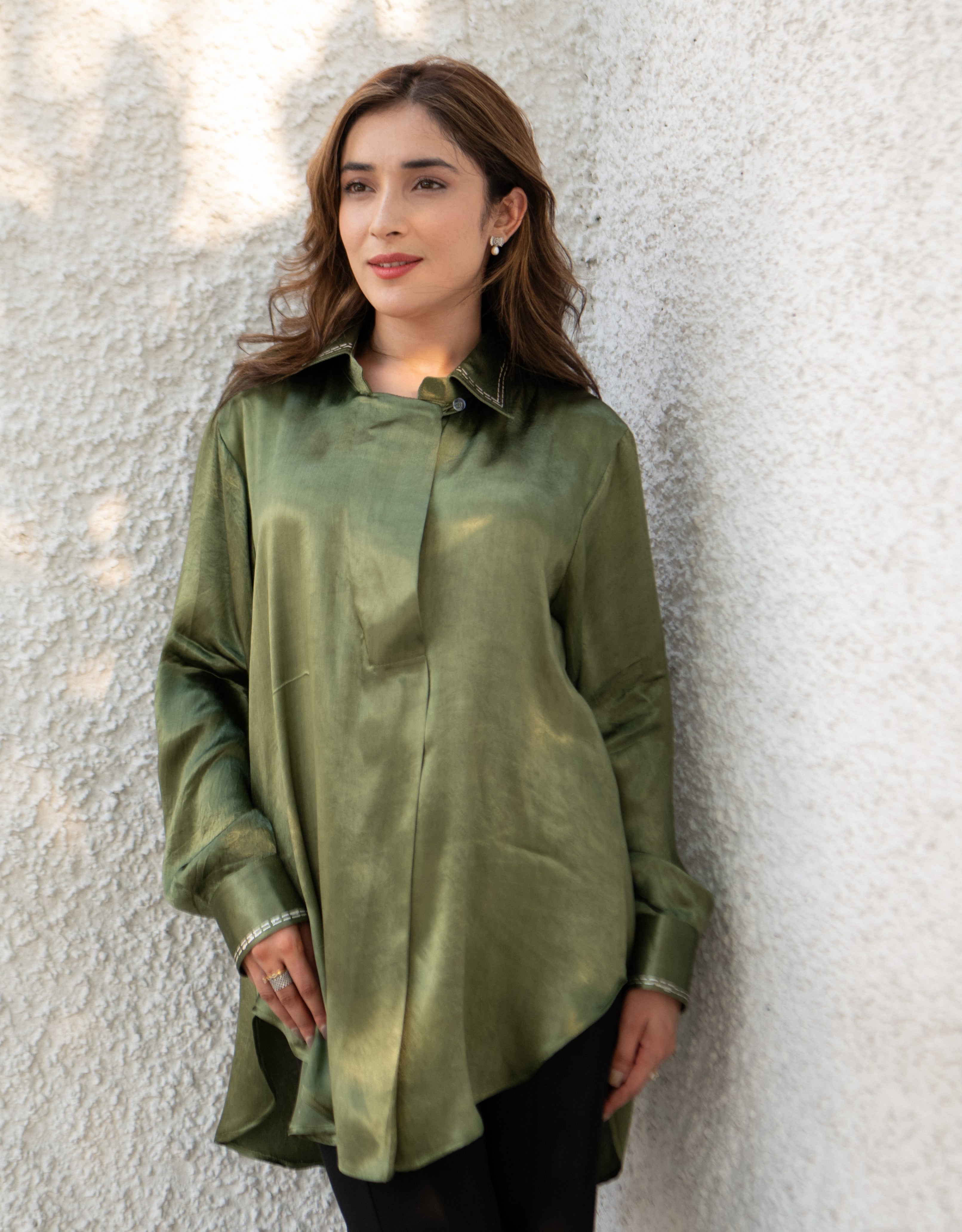 Sage Real Silver Back Pleat Mashru Shirt