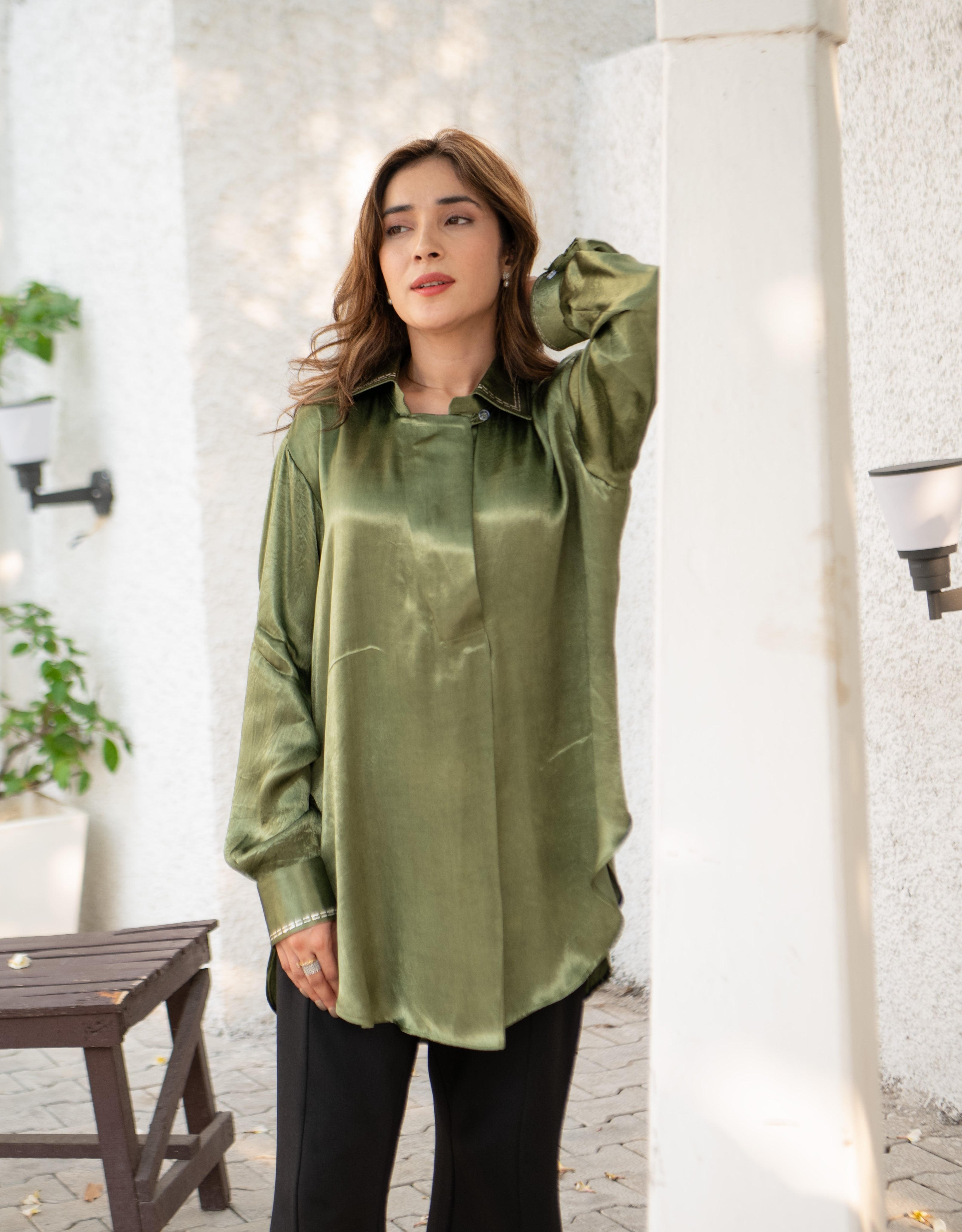 Sage Real Silver Back Pleat Mashru Shirt