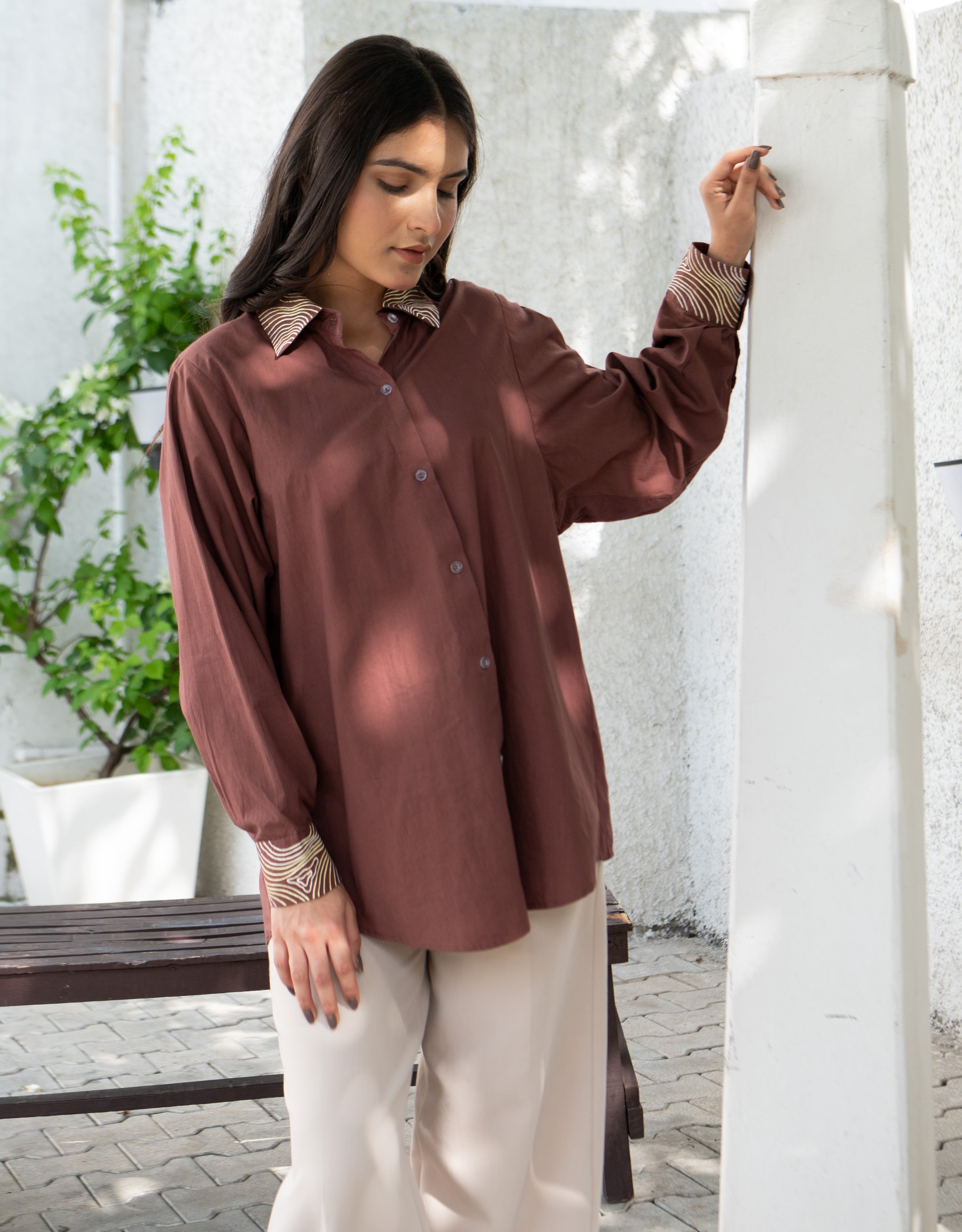 Mocha Wave Handpainted Oversized Cotton Shirt
