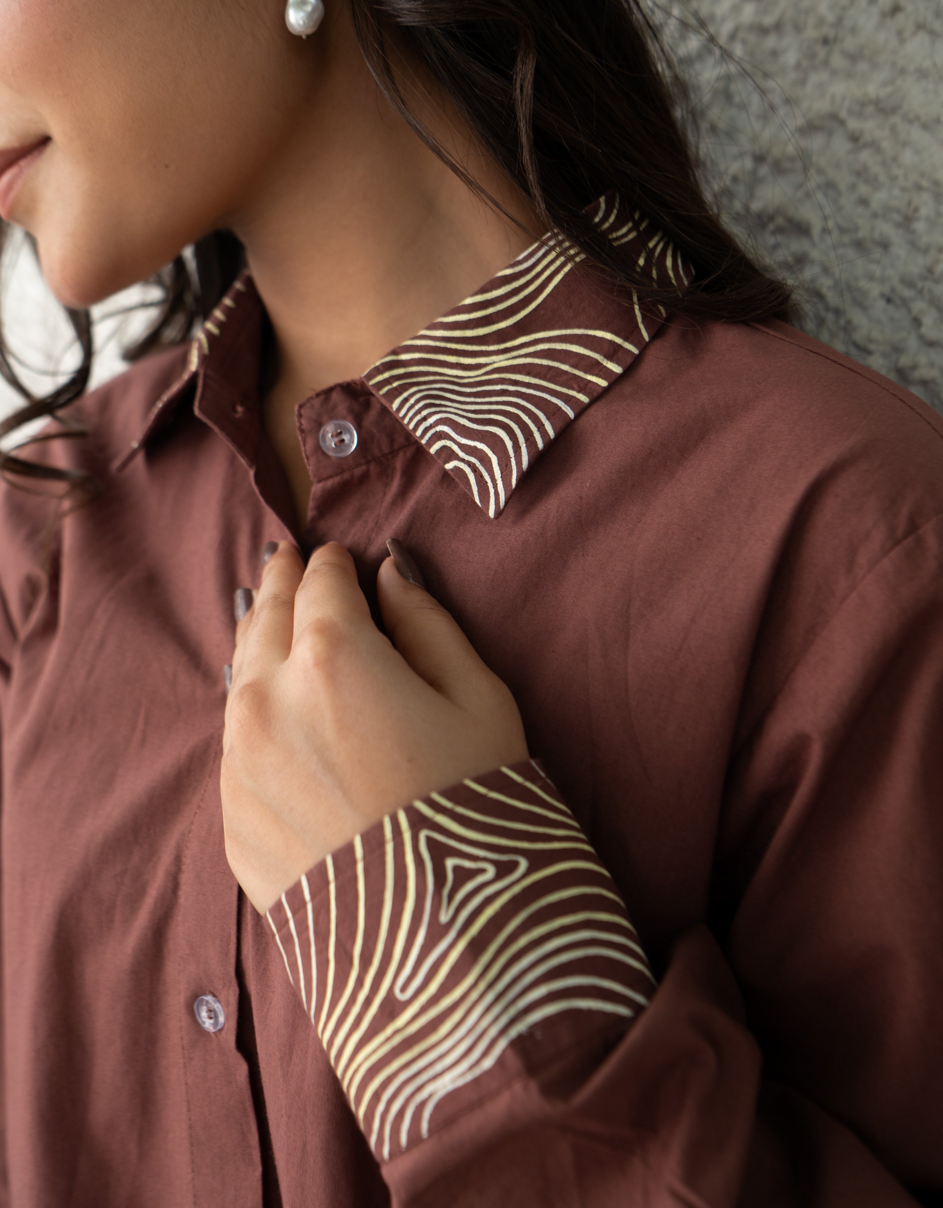 Mocha Wave Handpainted Oversized Cotton Shirt