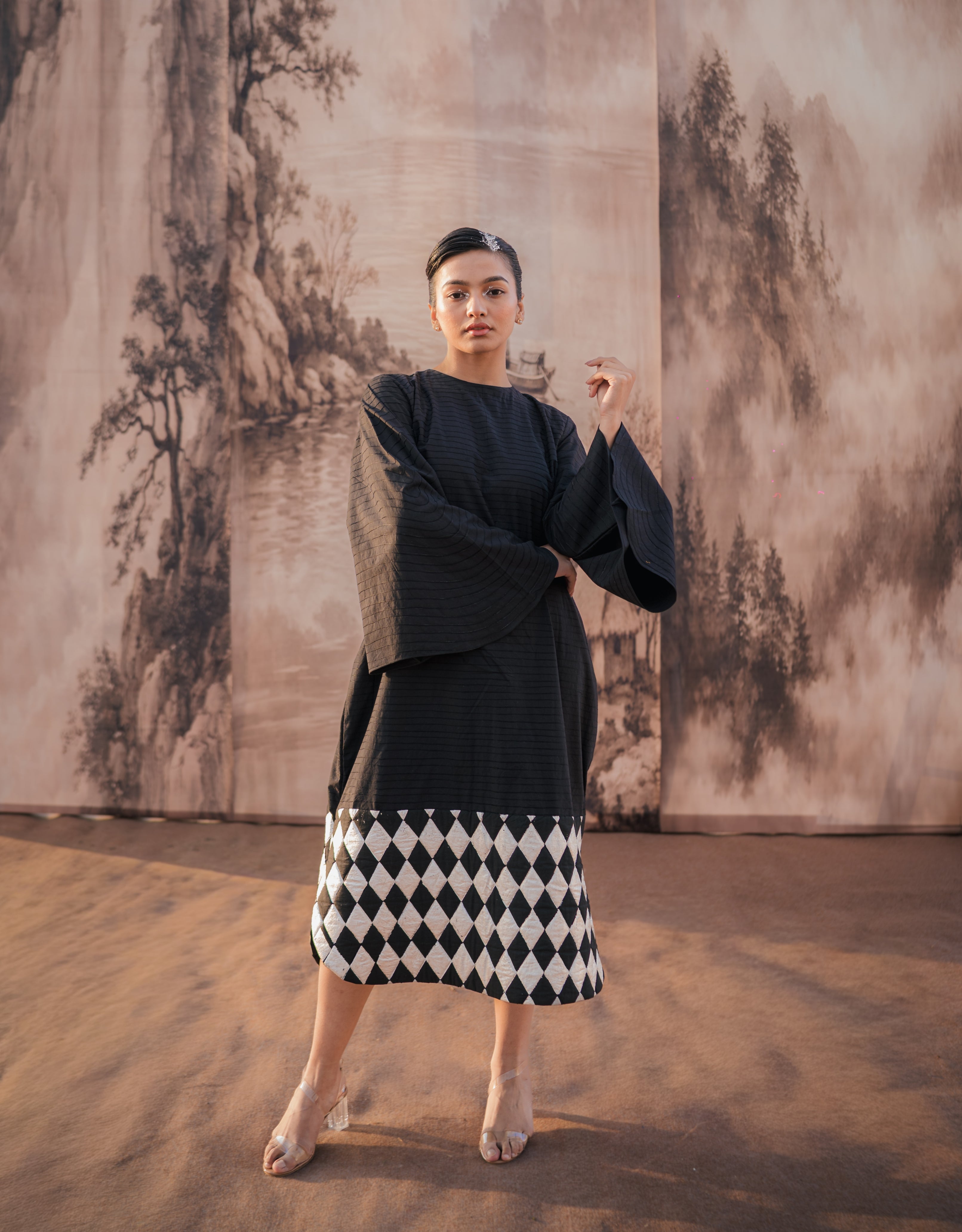 Charcoal Black Embroidered & Silver Printed Cotton Dress