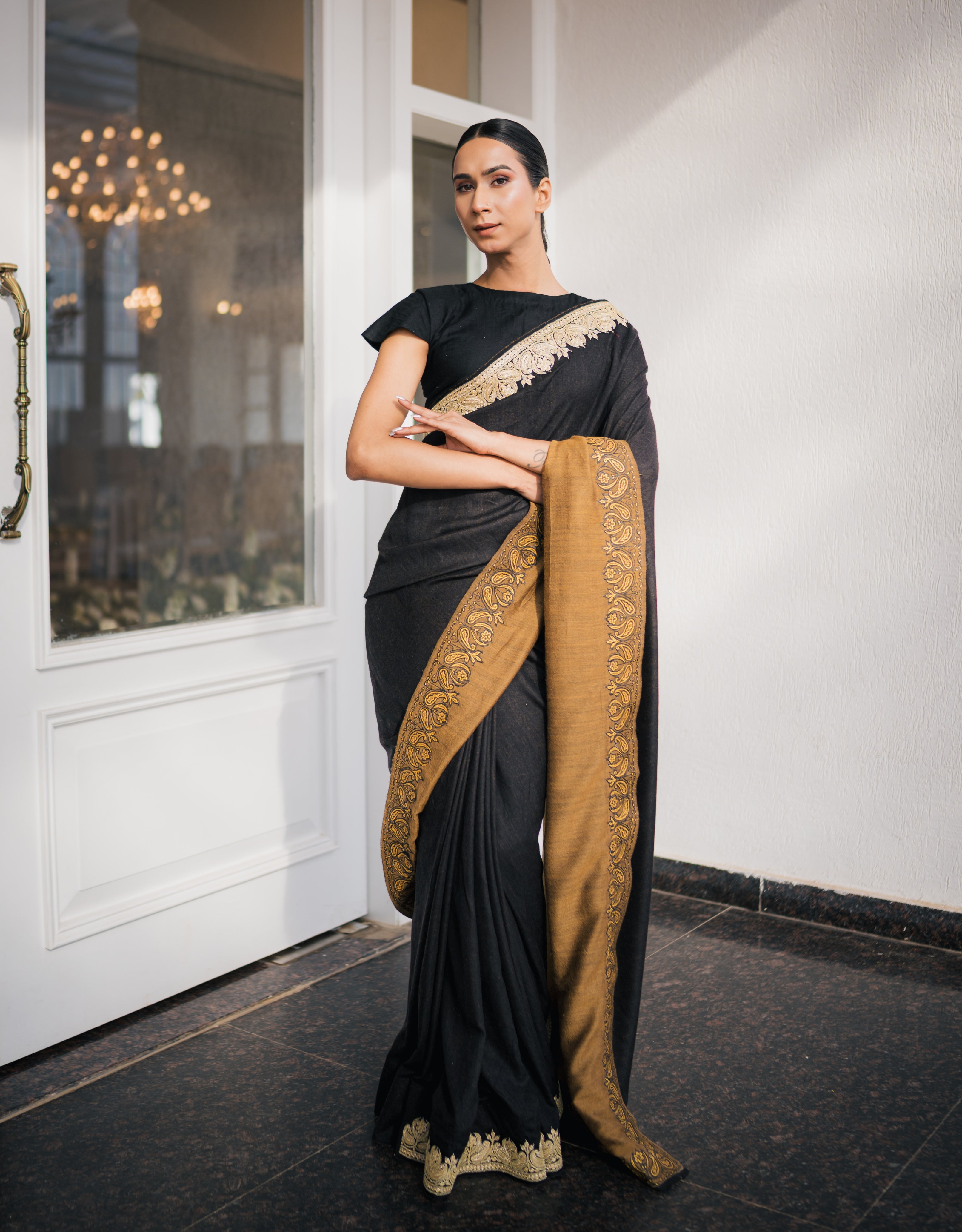 Ochre Black Reversible Embroidered Handpainted Pashmina Saree