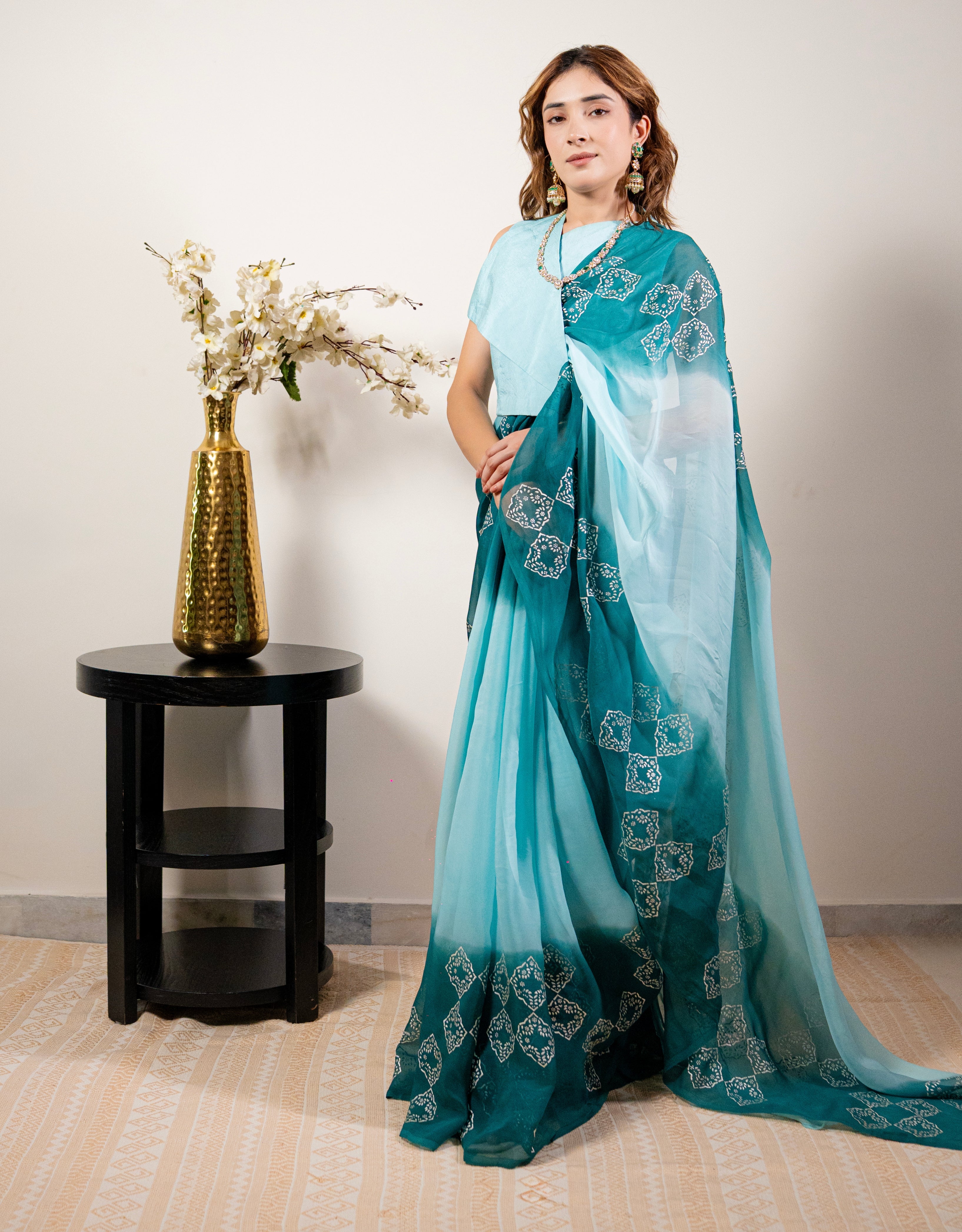 Turquoise Real Silver Organza Saree