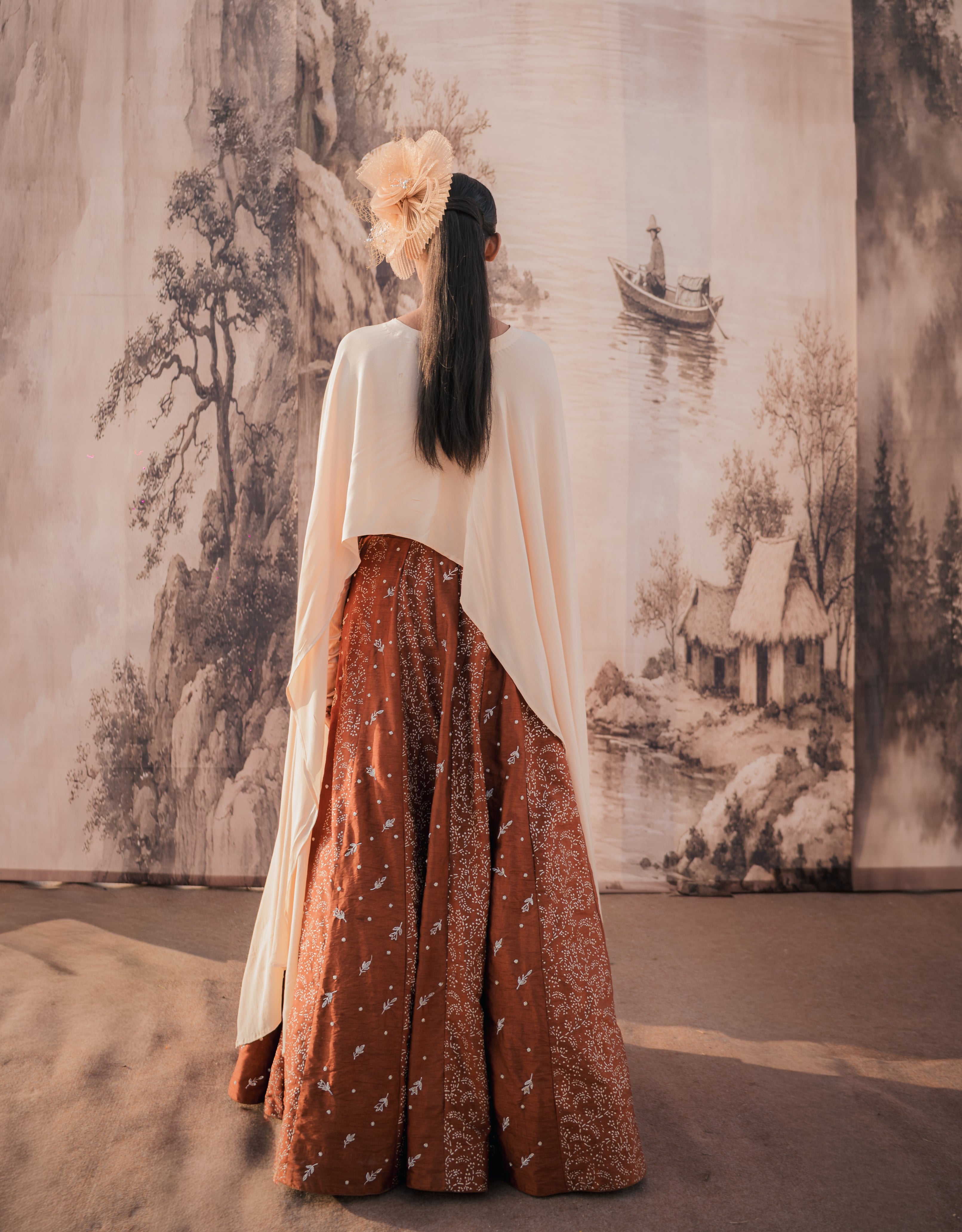 Chocolate Beige Silver Printed & Embroidered Skirt & Cape