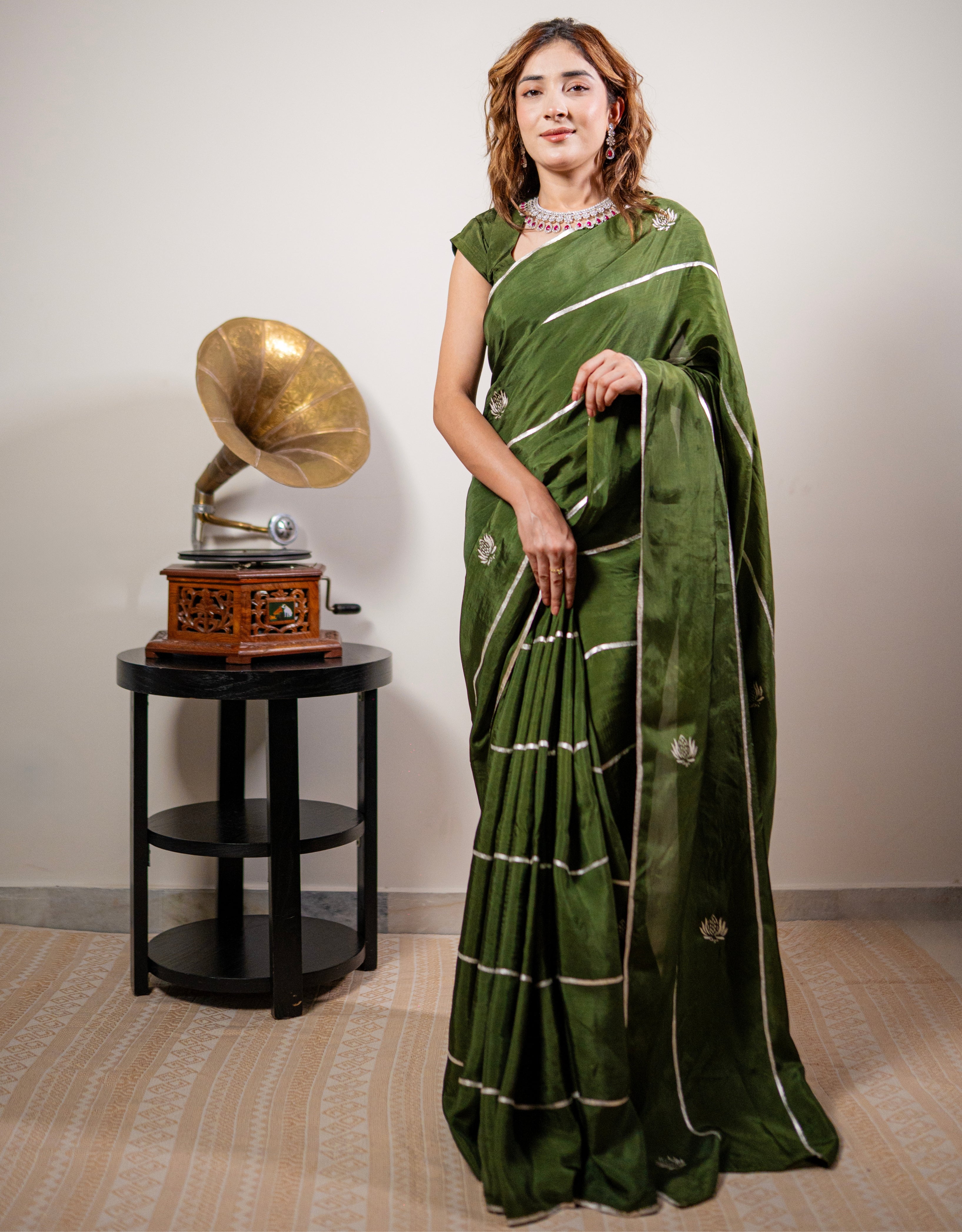 Sage Stripe Real Silver Silk Saree