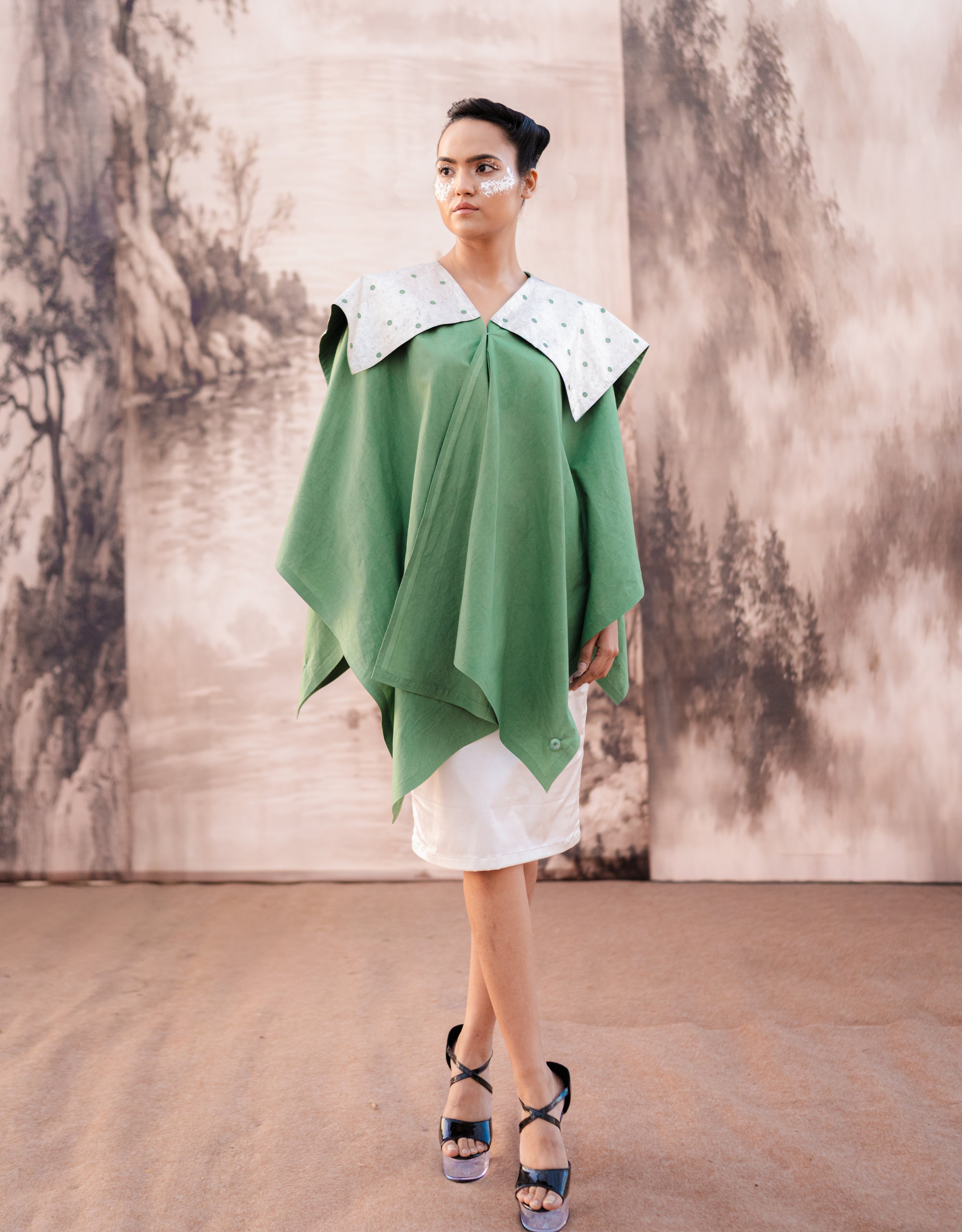 Fern Silver Printed Assymmetrical Cape