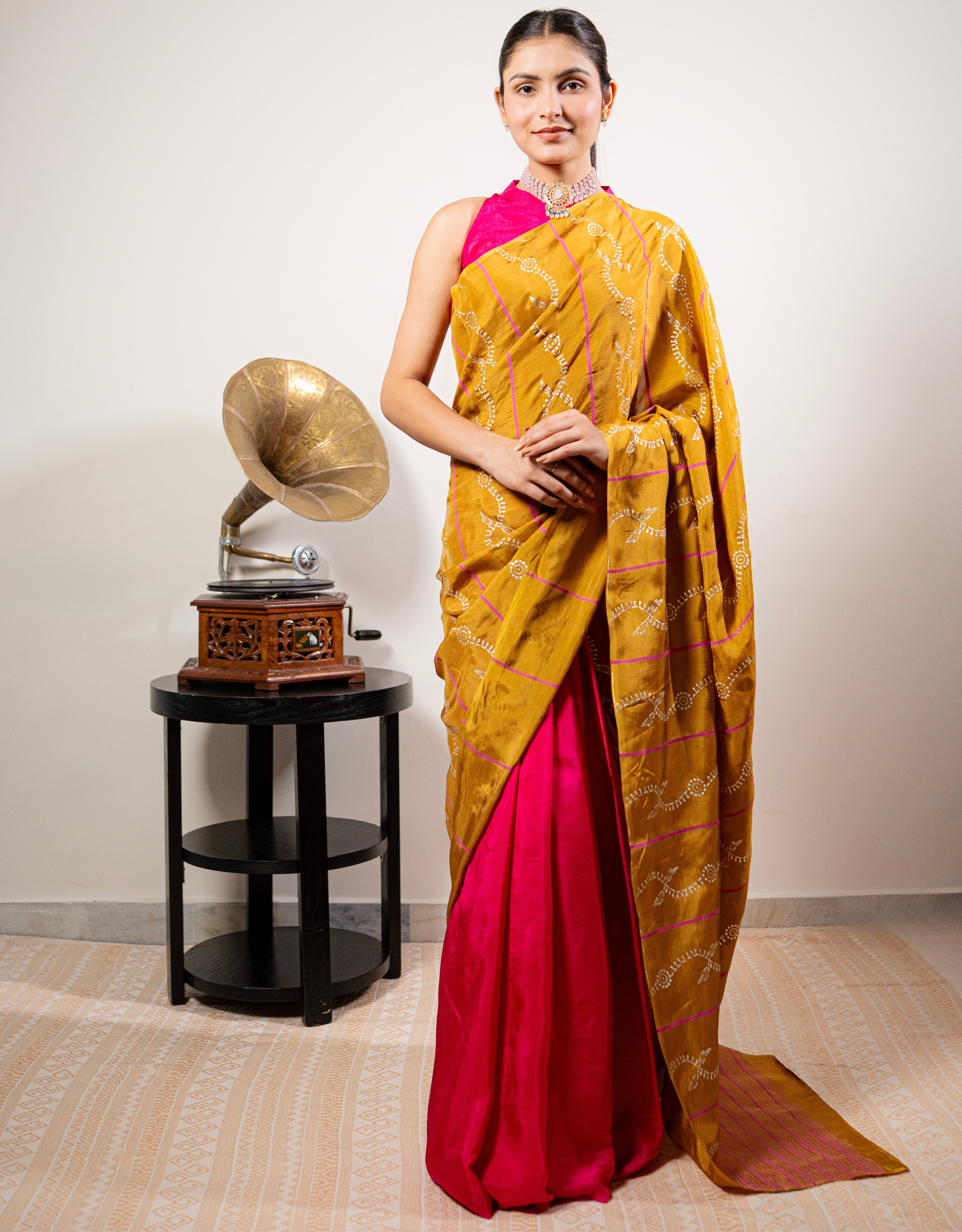 Honey Fuchsia Real Silver Block Print Silk Saree