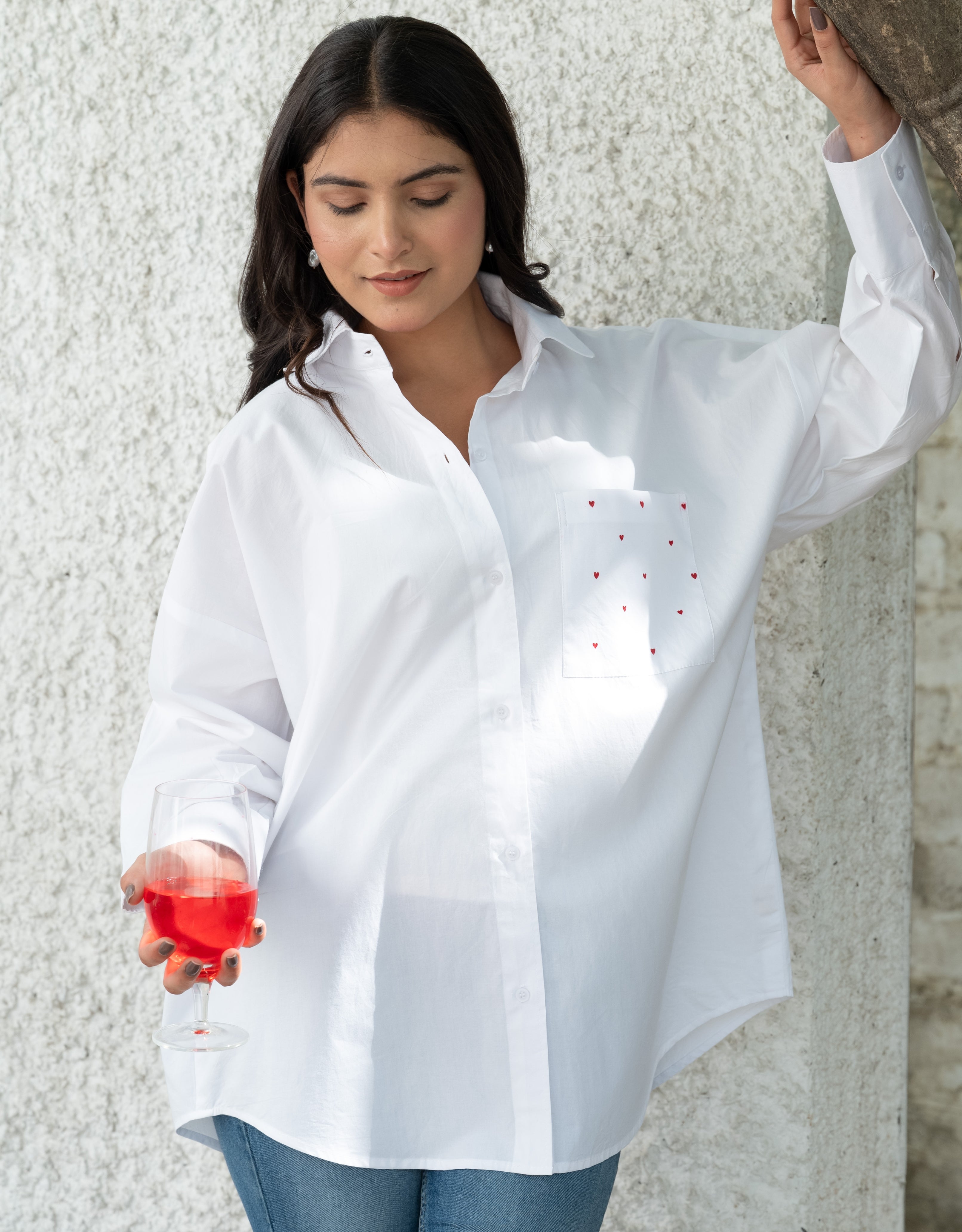 Cloud White Heart Pocket Handpainted Oversized Shirt
