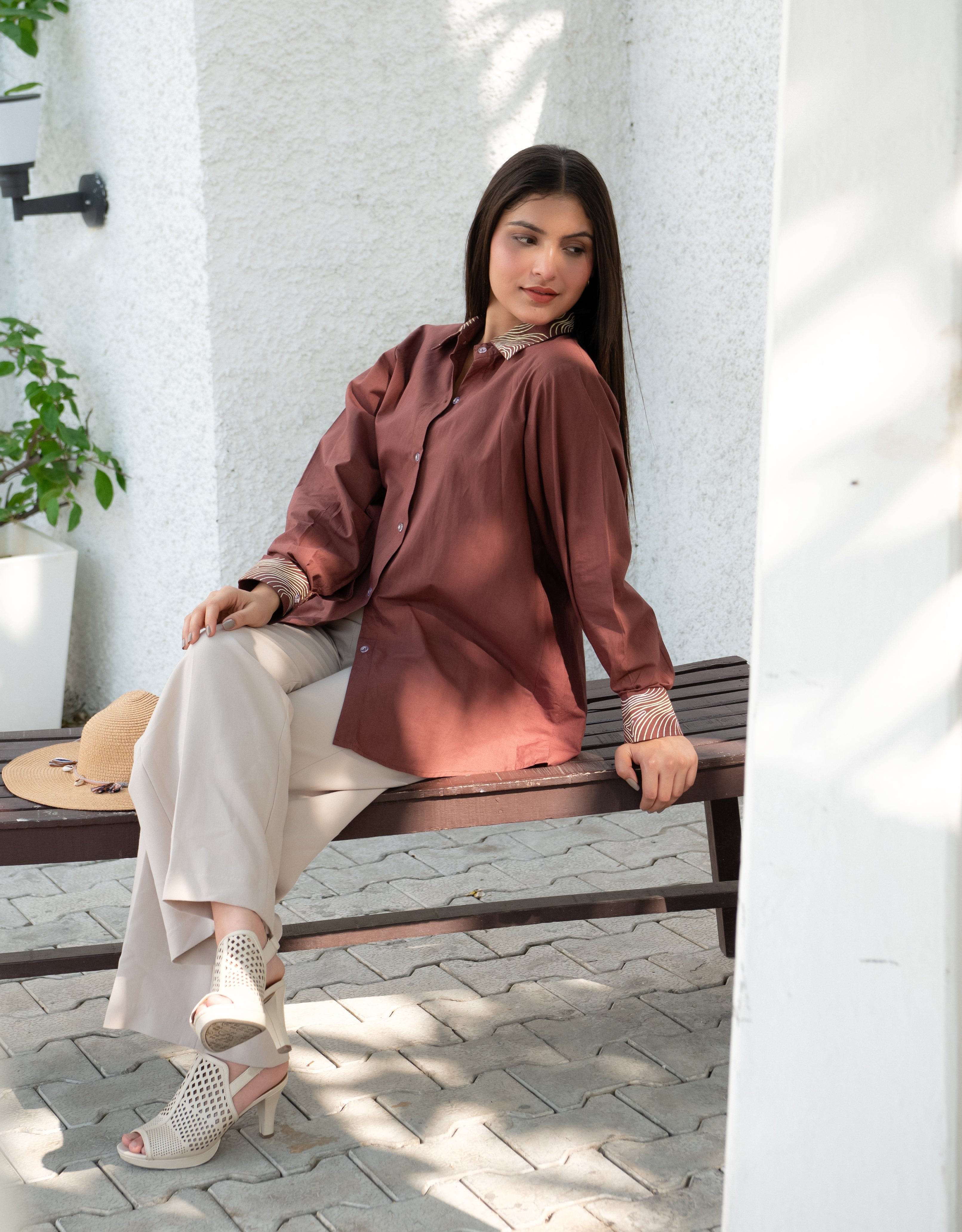 Mocha Wave Handpainted Oversized Cotton Shirt