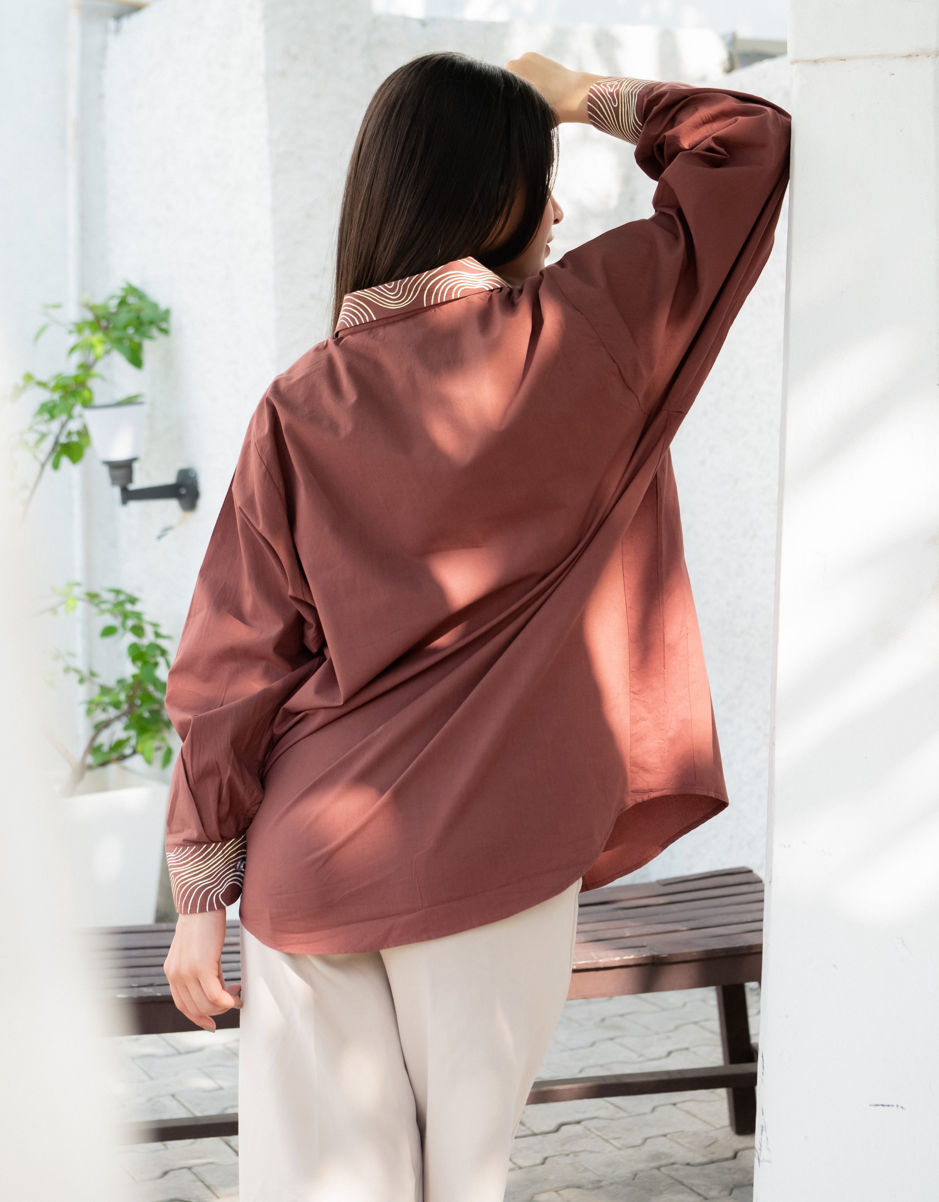 Mocha Wave Handpainted Oversized Cotton Shirt