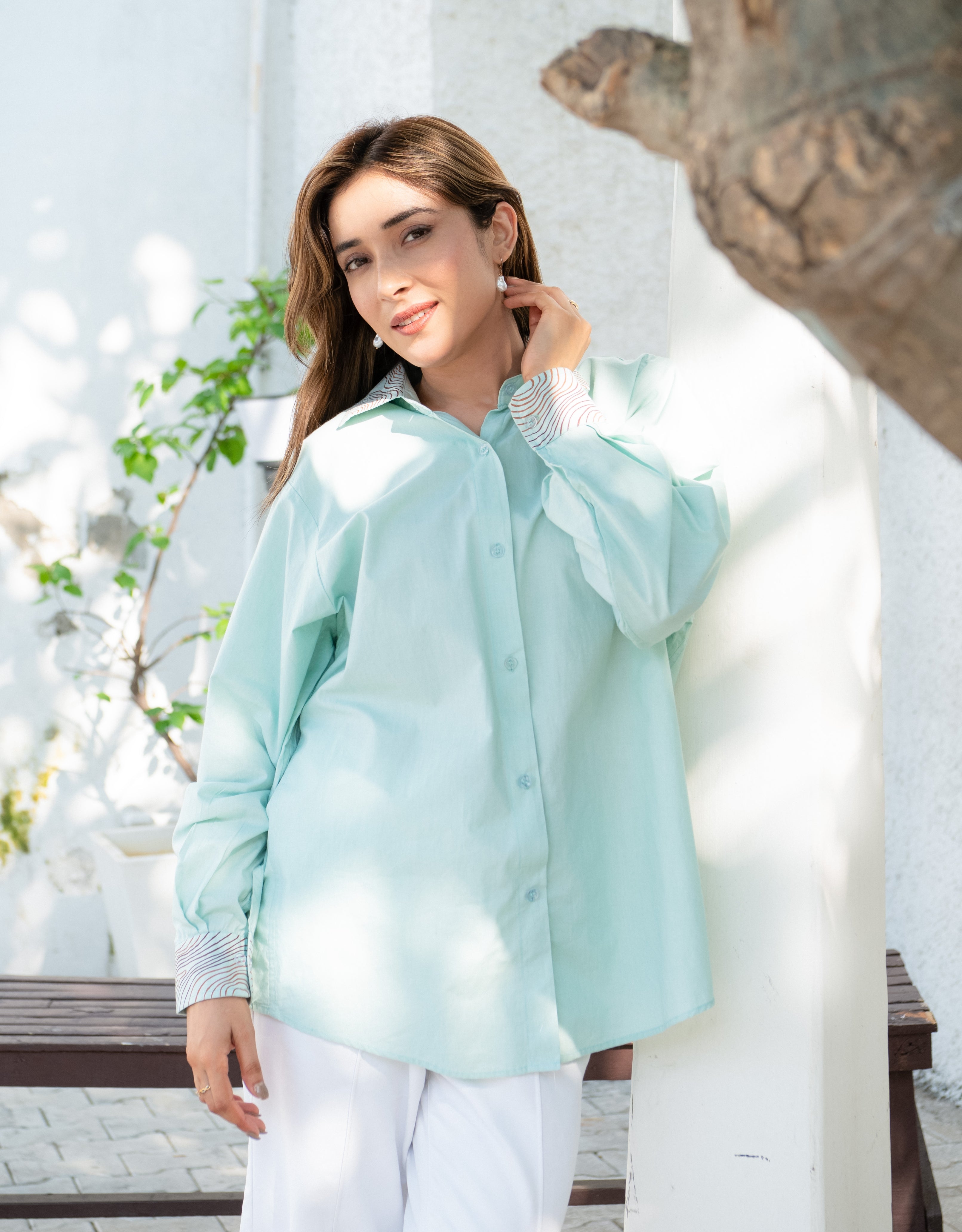 Mint Drift Handpainted Oversized Cotton Shirt