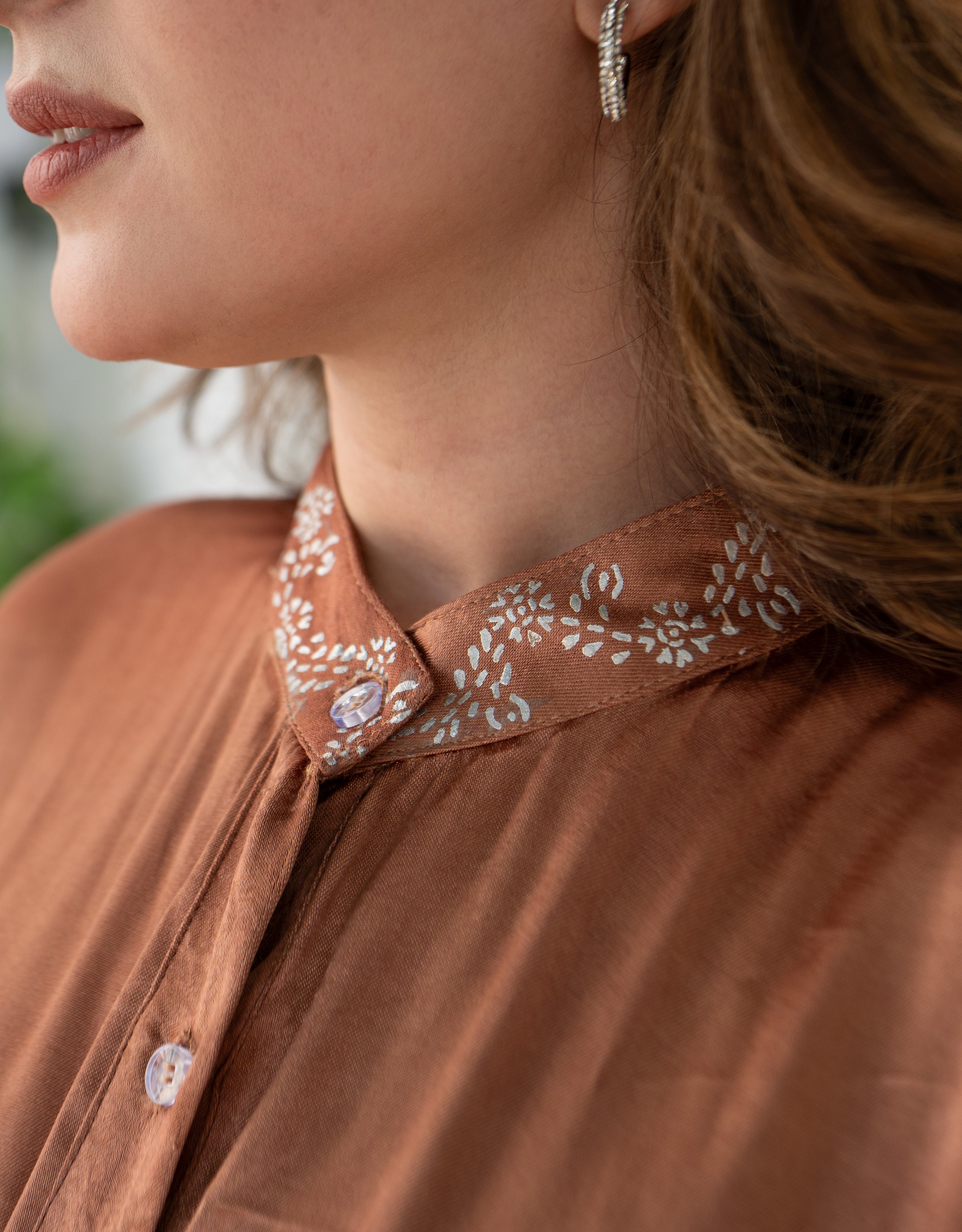 French Beige Real Silver Band Collar Mashru Kaftan