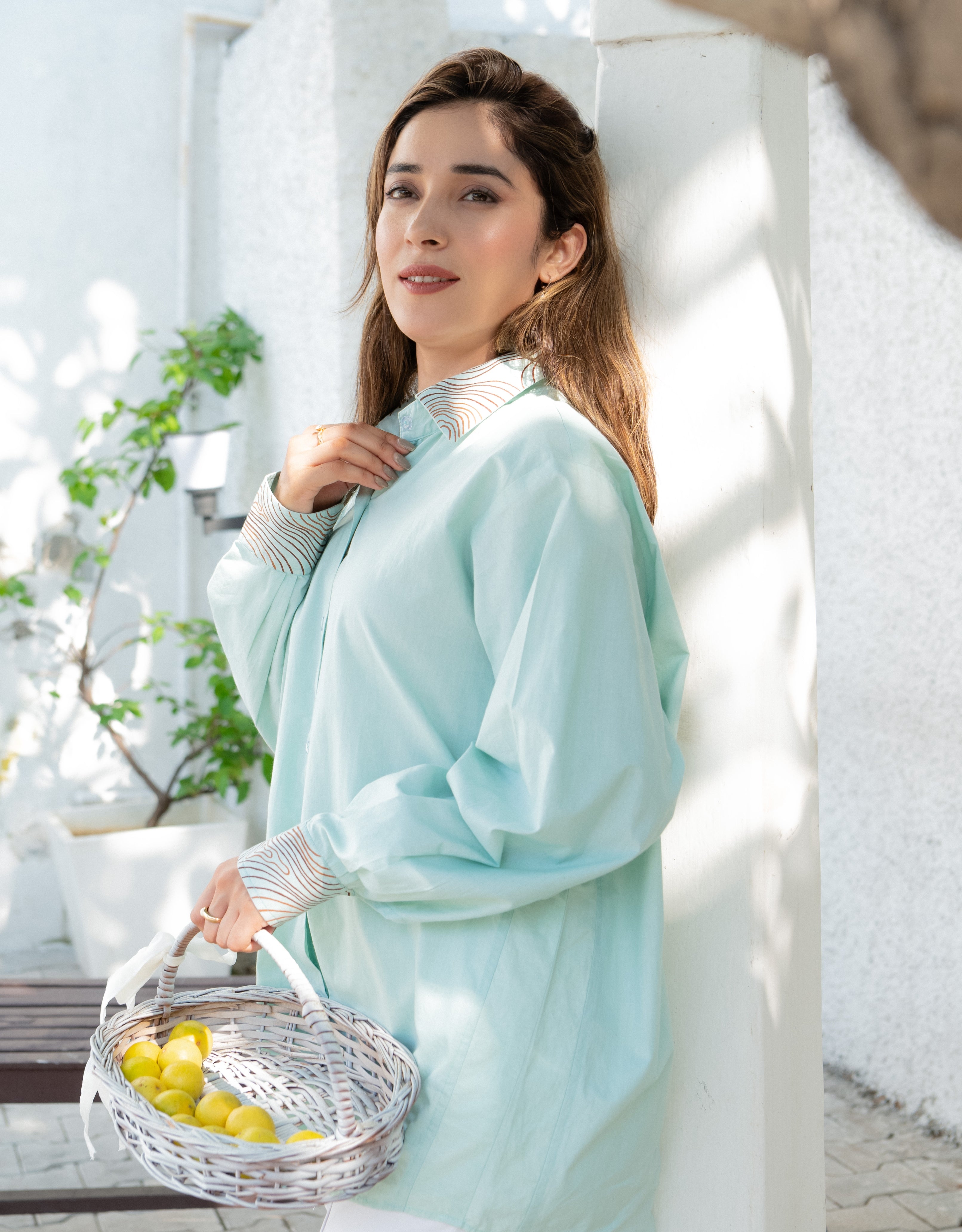 Mint Drift Handpainted Oversized Cotton Shirt