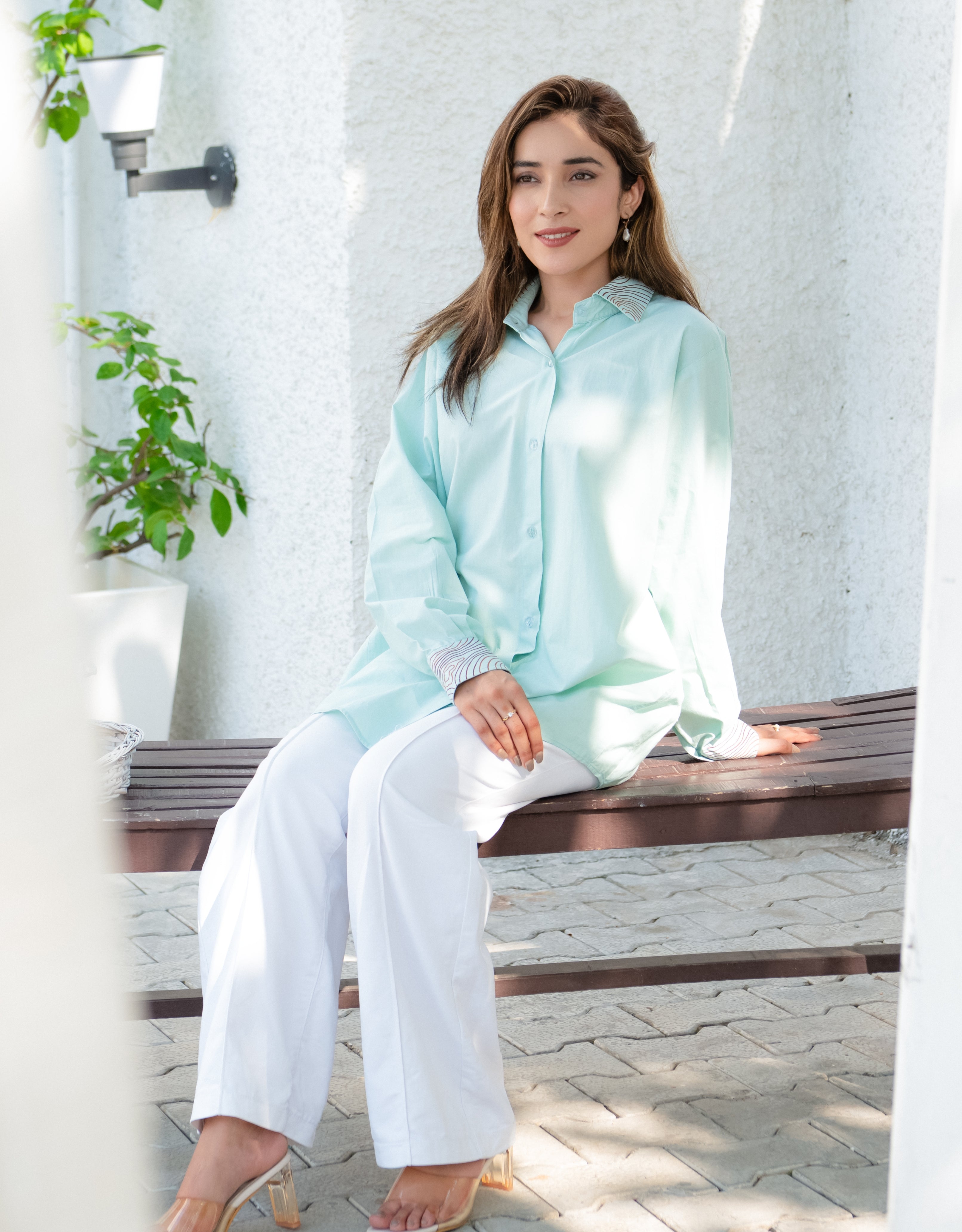 Mint Drift Handpainted Oversized Cotton Shirt