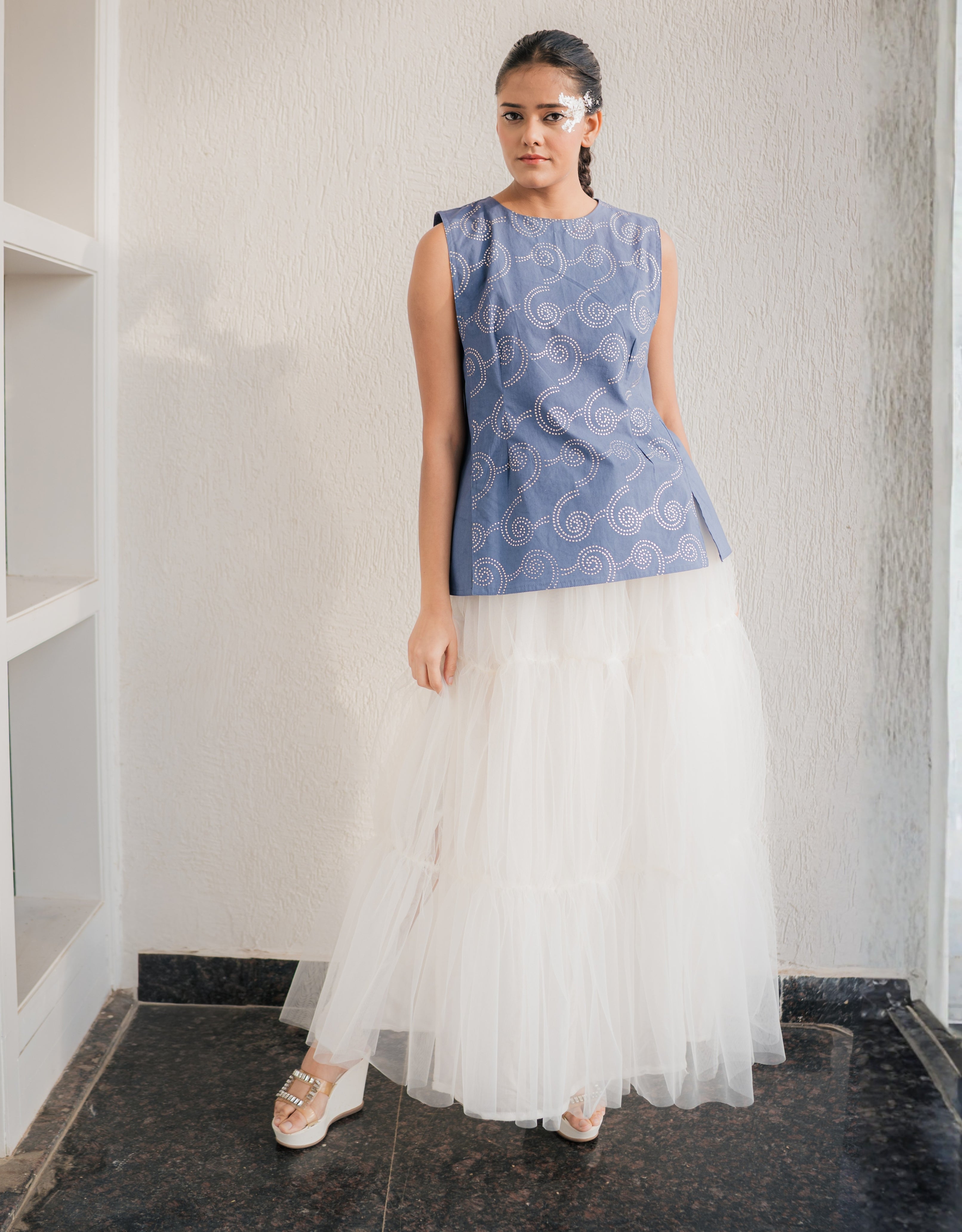 Sky Silver Printed Cotton Top
