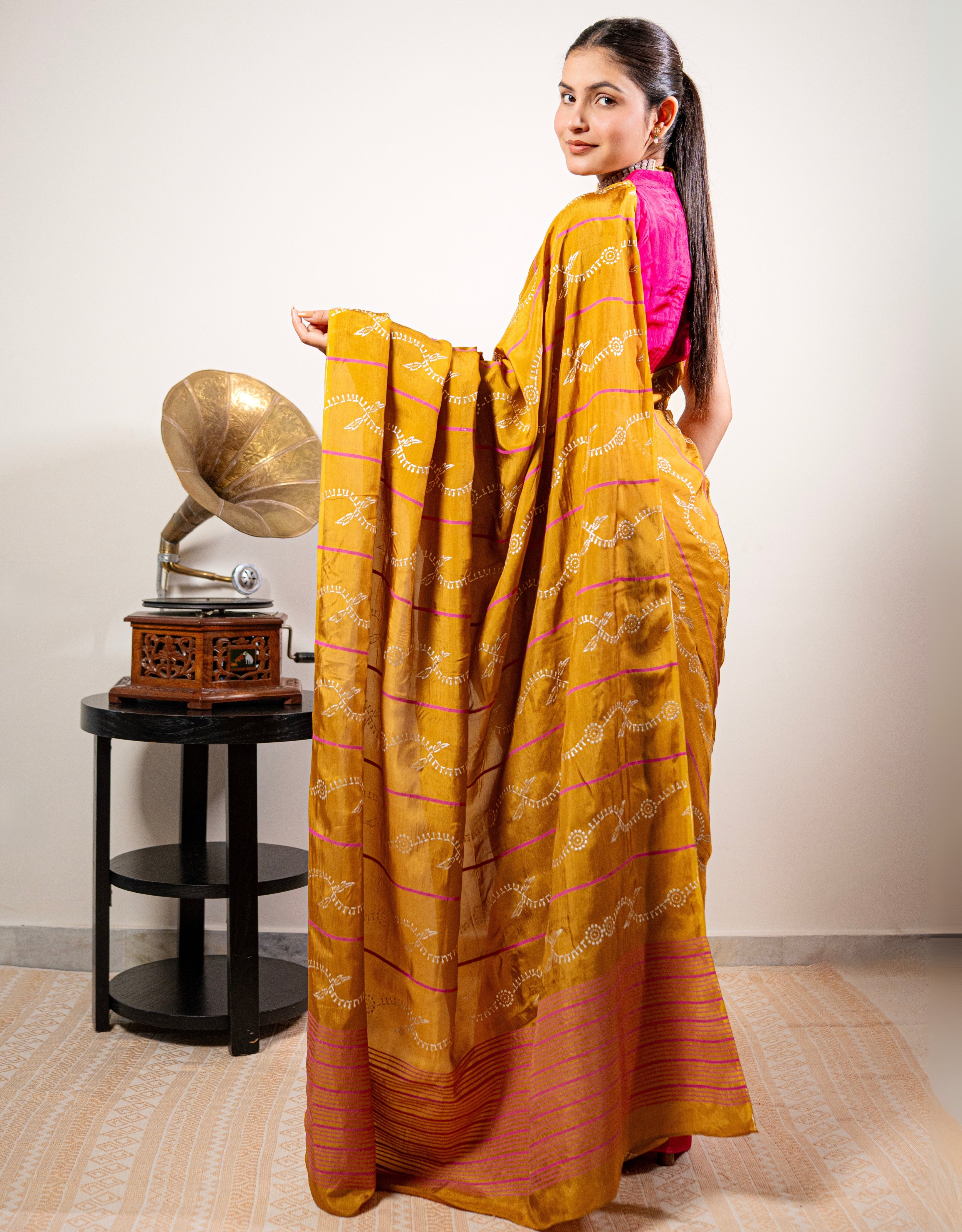 Honey Fuchsia Real Silver Block Print Silk Saree