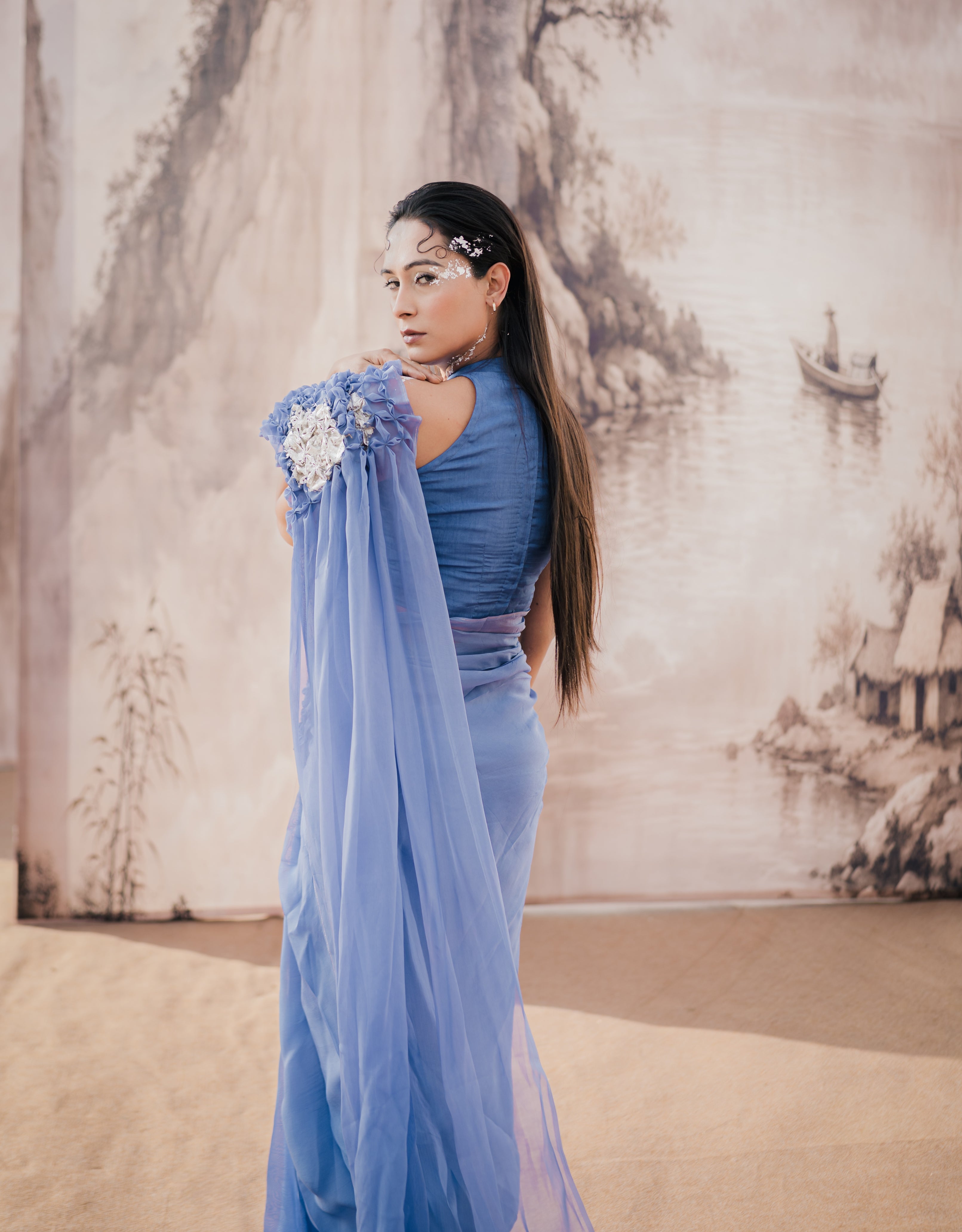 Forst Blue Smocked Silver Printed Organza Saree
