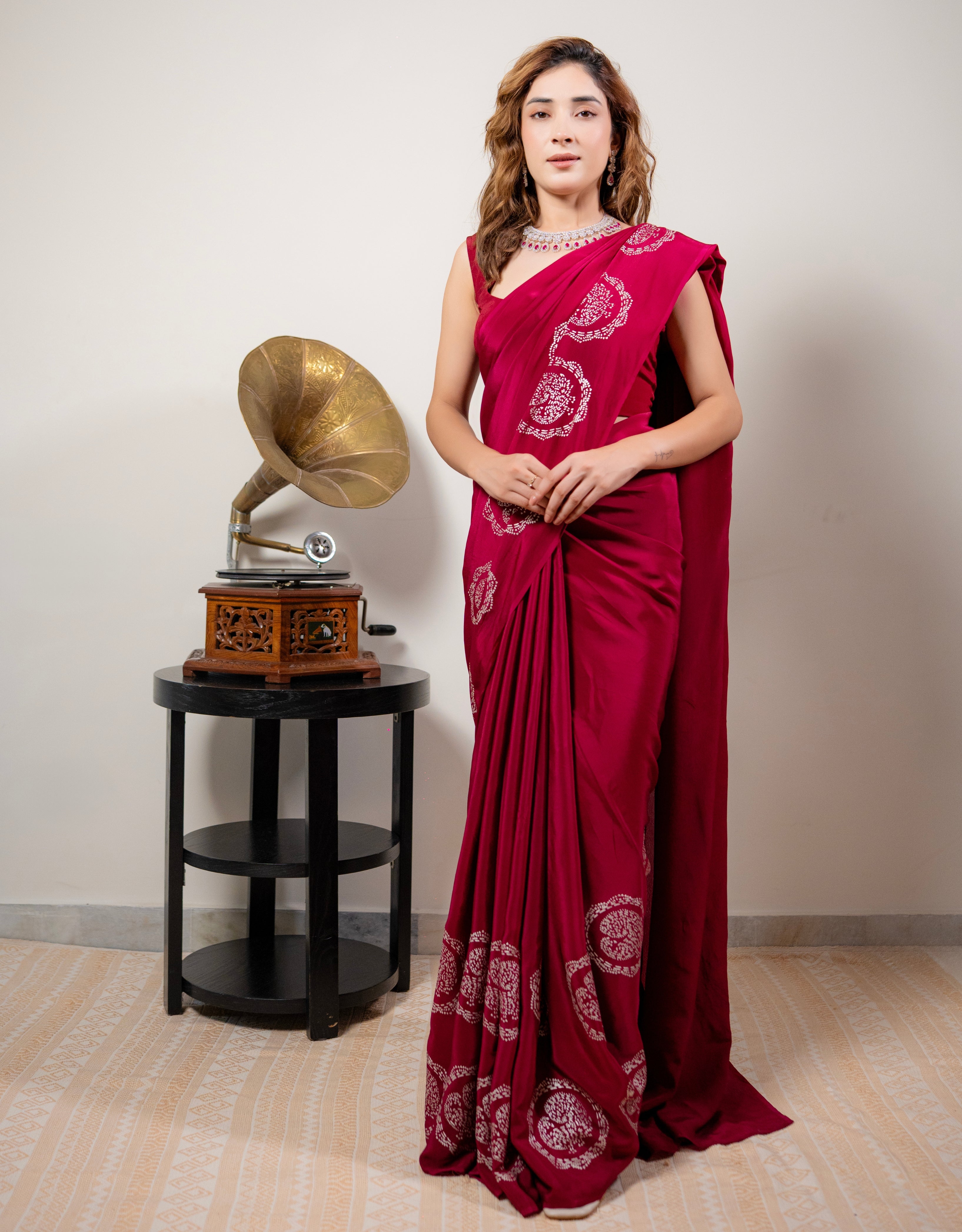 Wine Real Silver Organic Crepe Saree