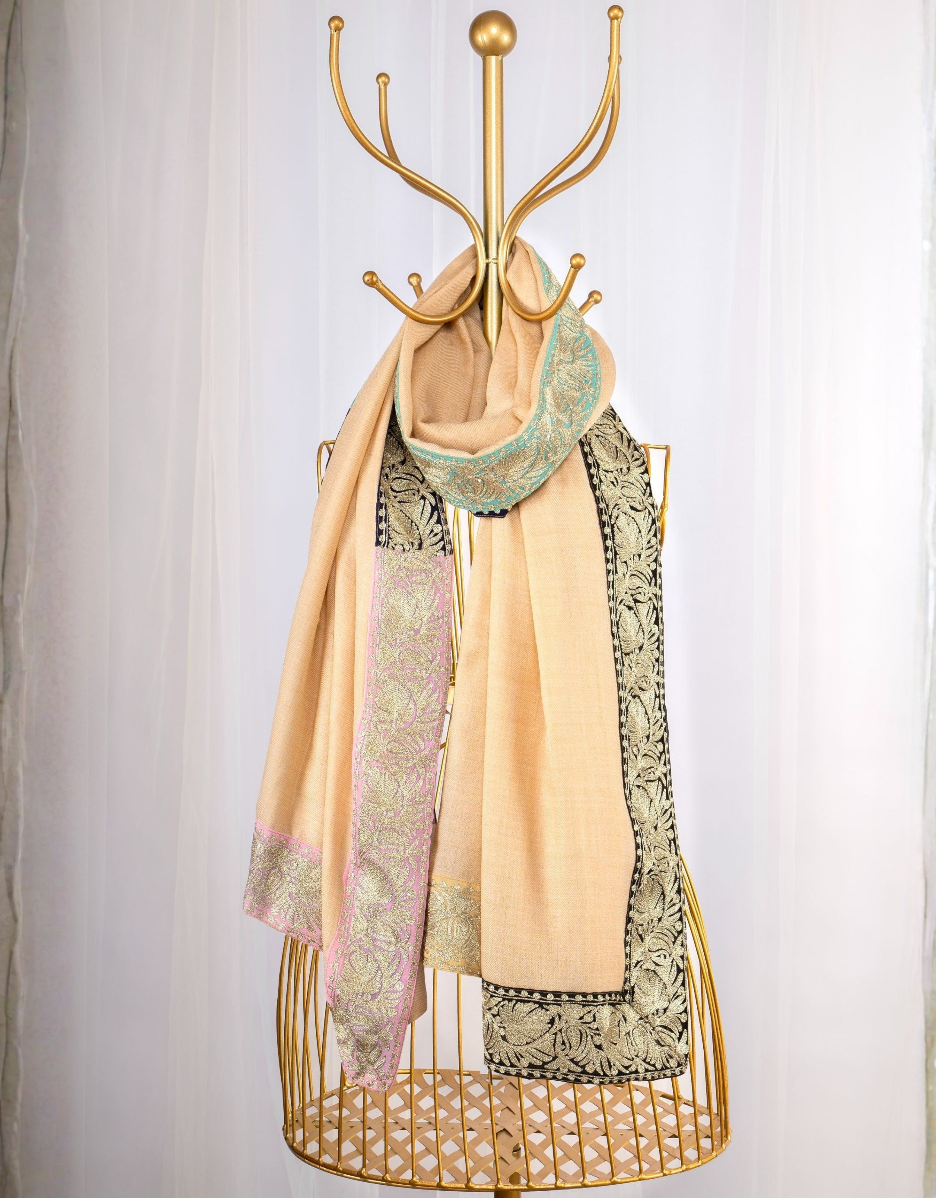 Coloring Boundaries in Pashmina-Embroidered Stole with Earthy Tones and Ornate Borders in Beige