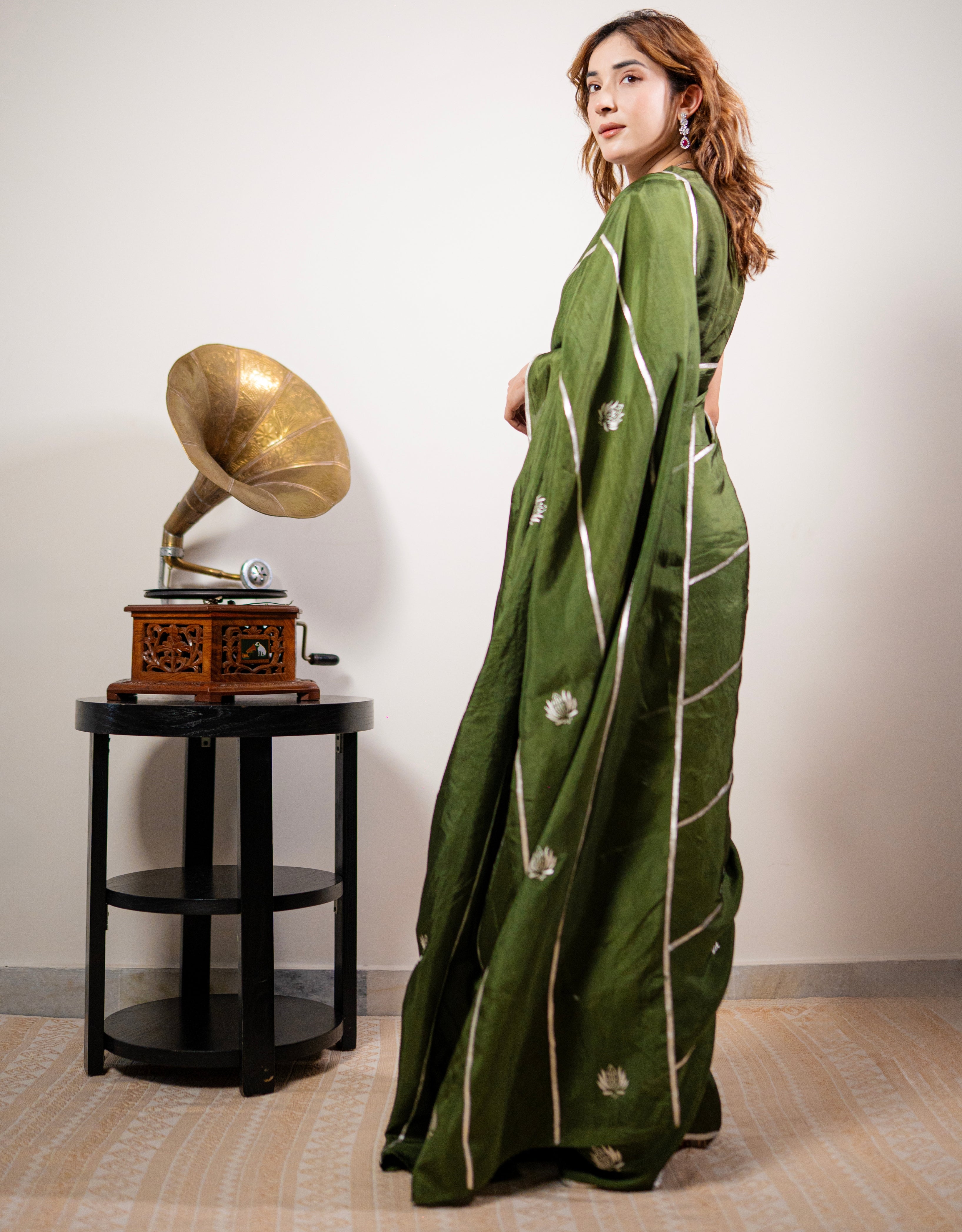 Sage Stripe Real Silver Silk Saree