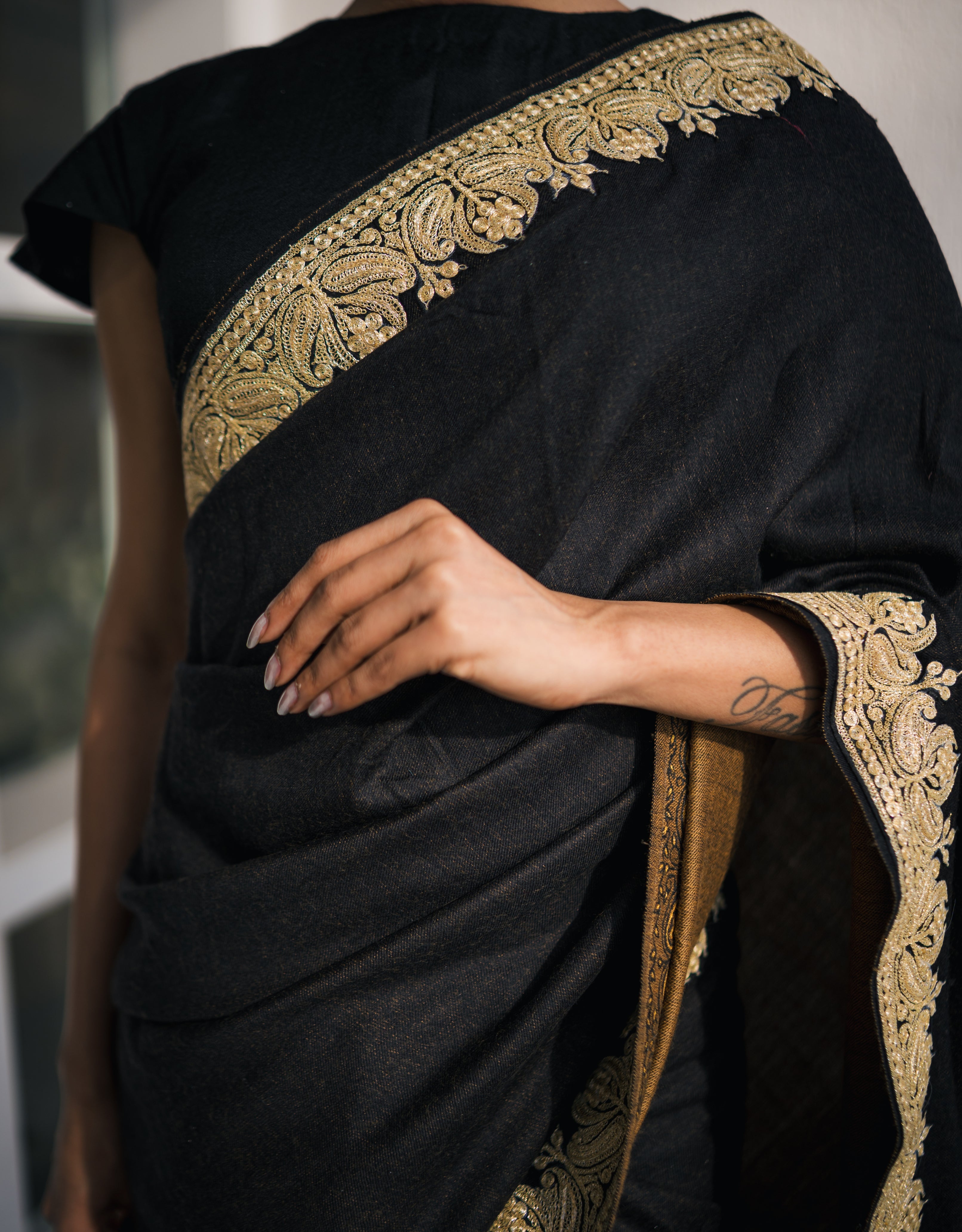 Ochre Black Reversible Embroidered Handpainted Pashmina Saree