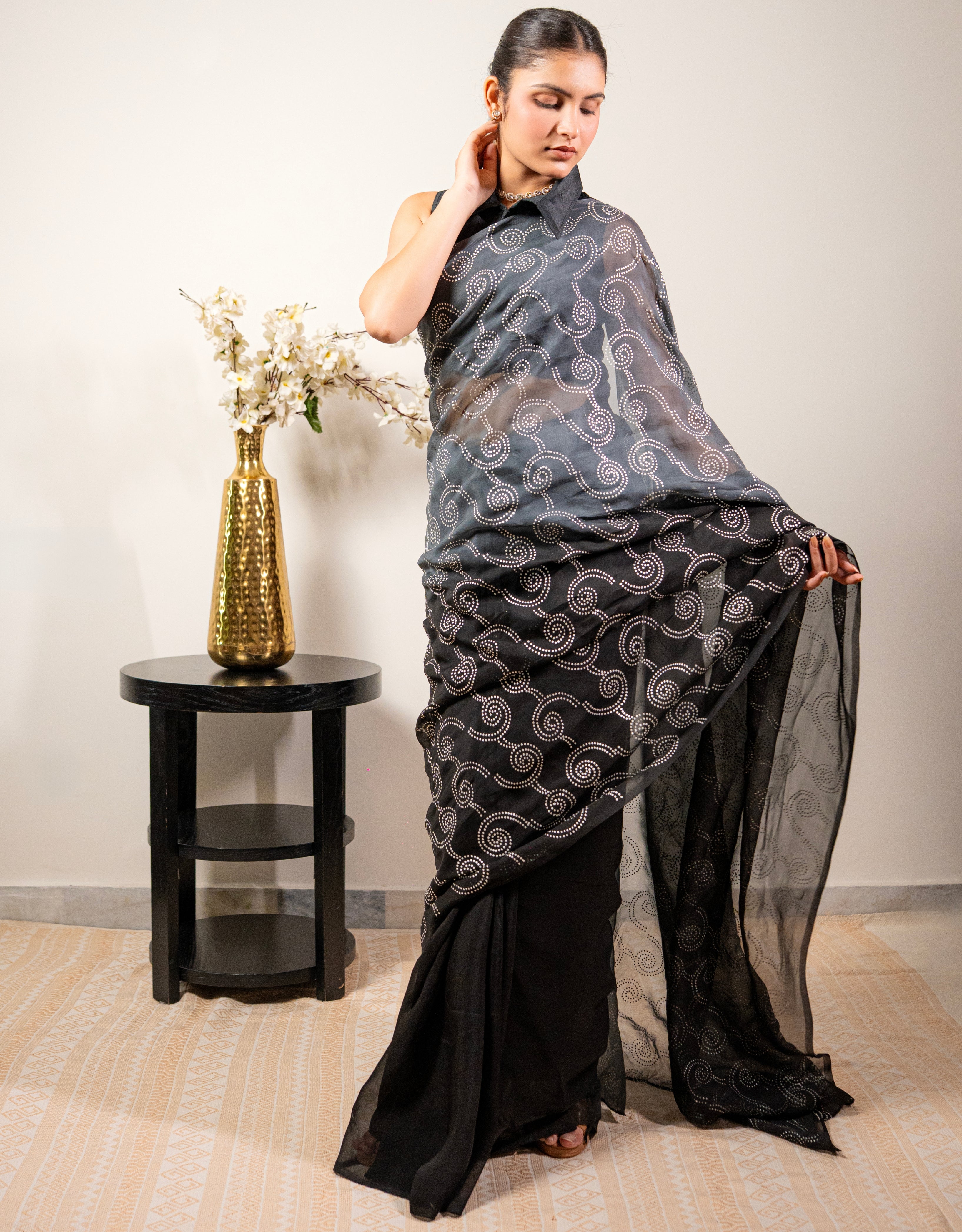 Smoke Clouds Real Silver Organza Saree