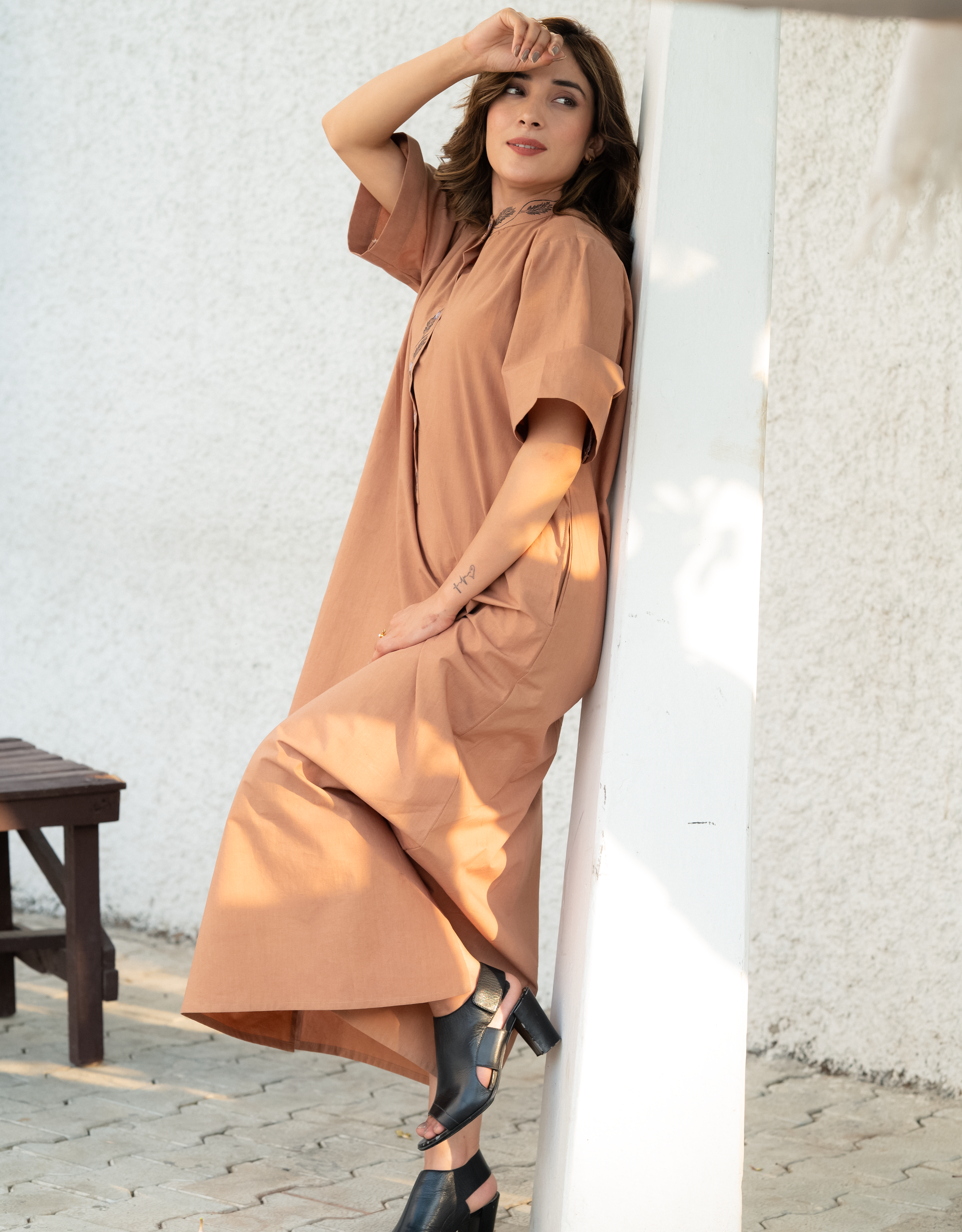 Coffee caramel Handpainted straight cotton Dress