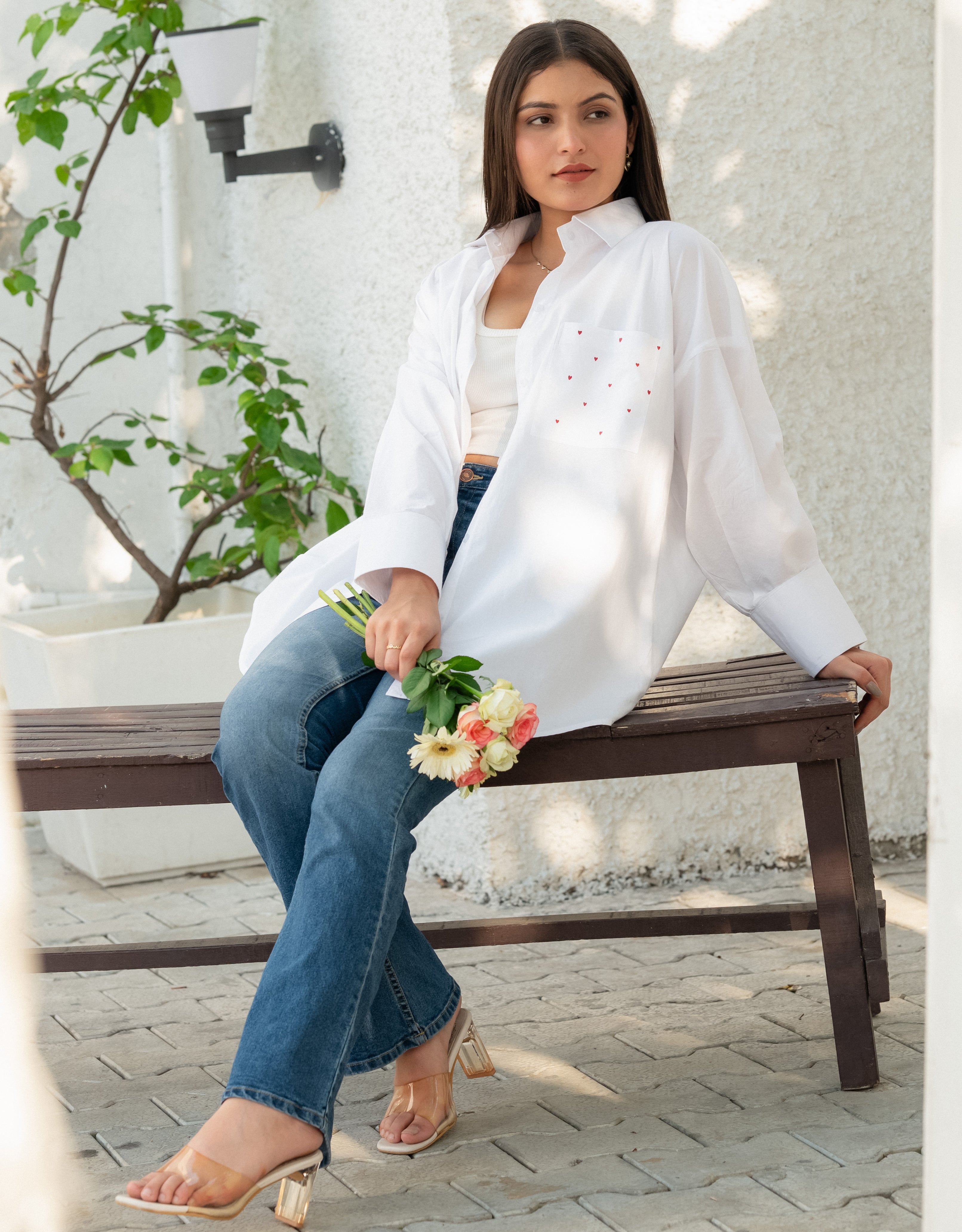 Cloud White Heart Pocket Handpainted Oversized Shirt