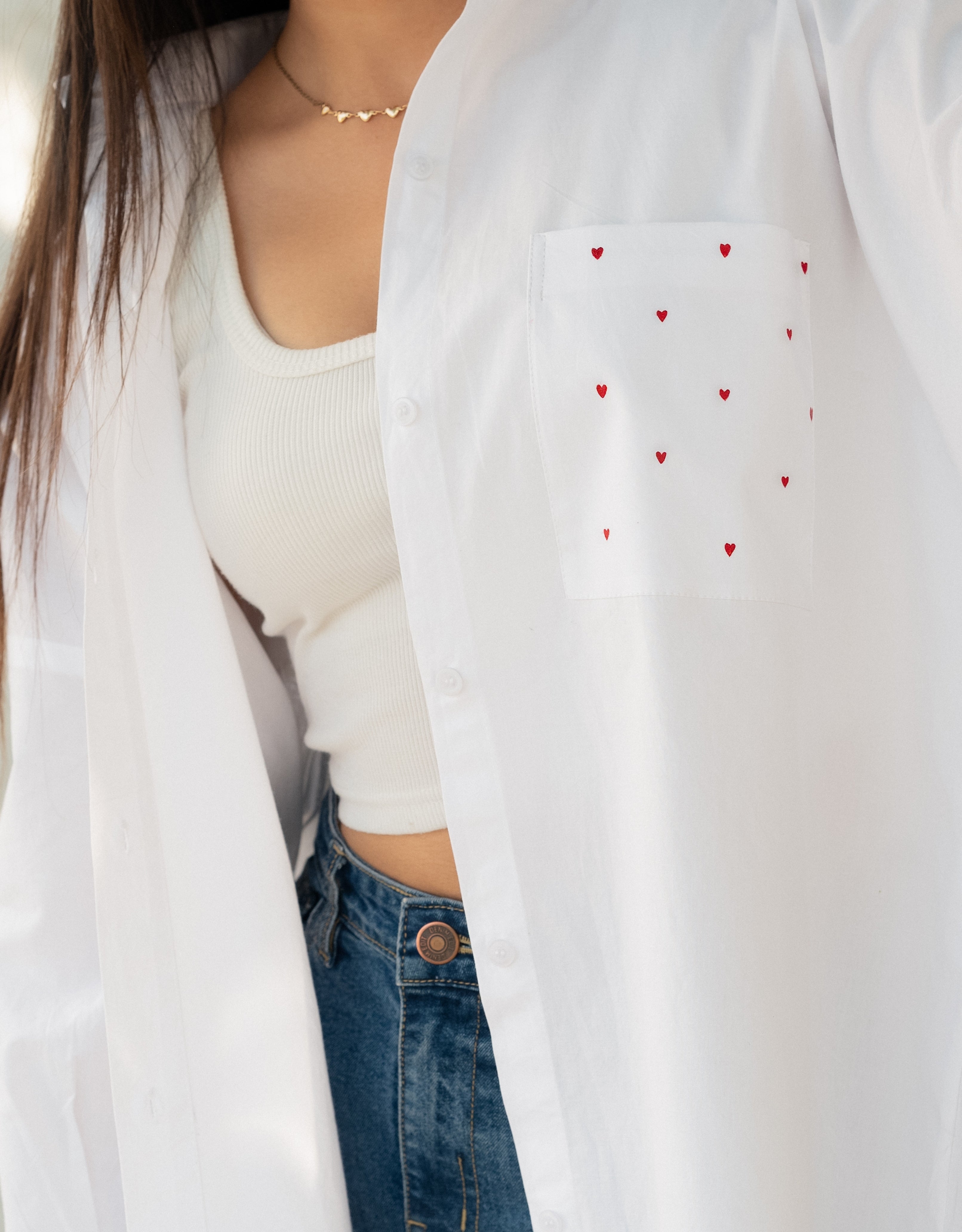 Cloud White Heart Pocket Handpainted Oversized Shirt