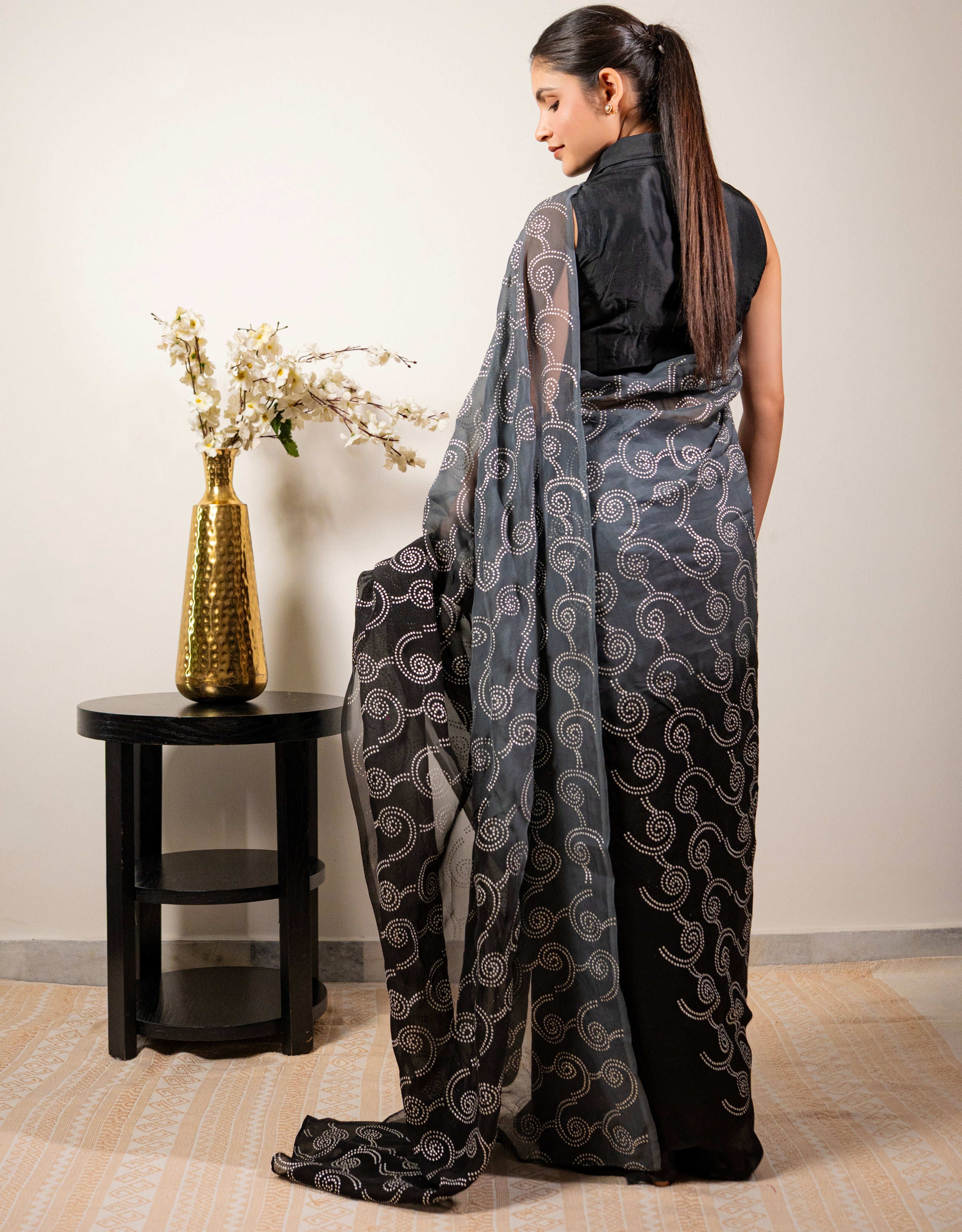 Smoke Clouds Real Silver Organza Saree