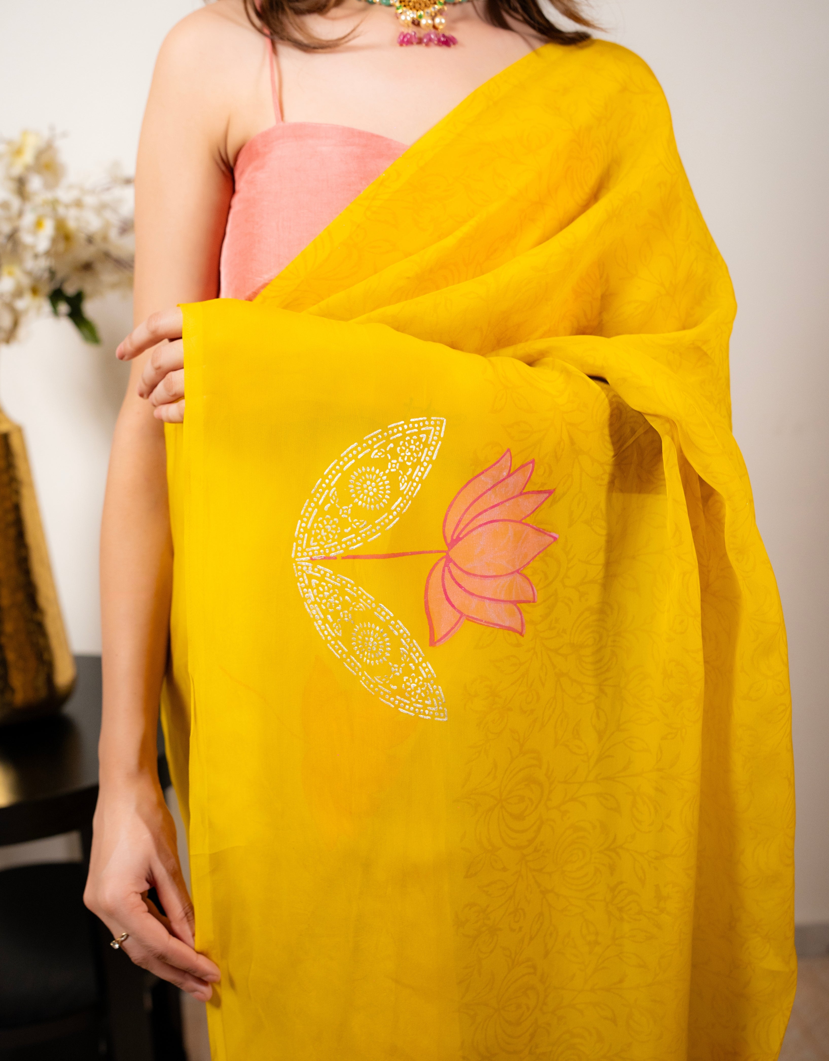 Honey Lotus Real Silver Organza Saree