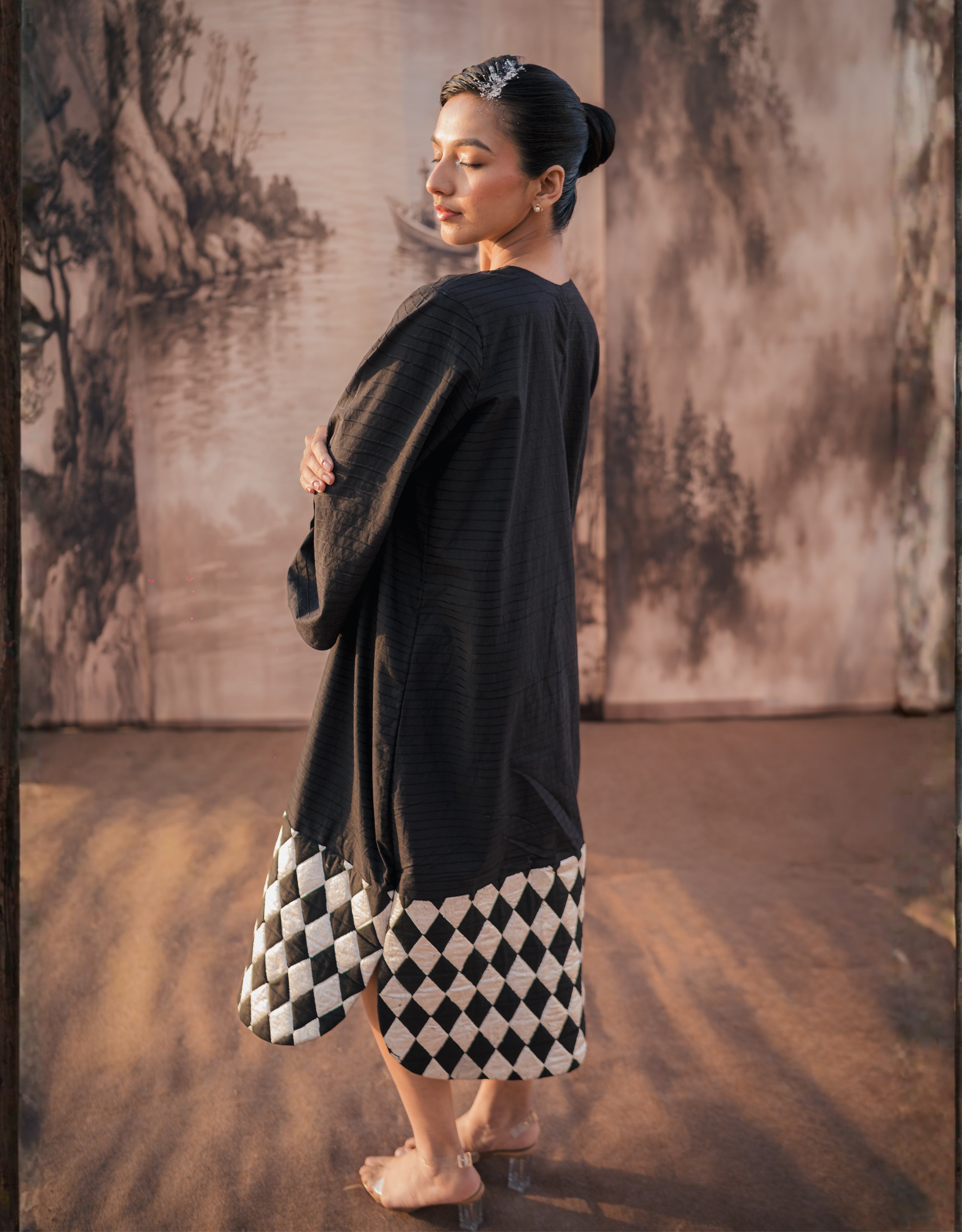 Charcoal Black Embroidered & Silver Printed Cotton Dress