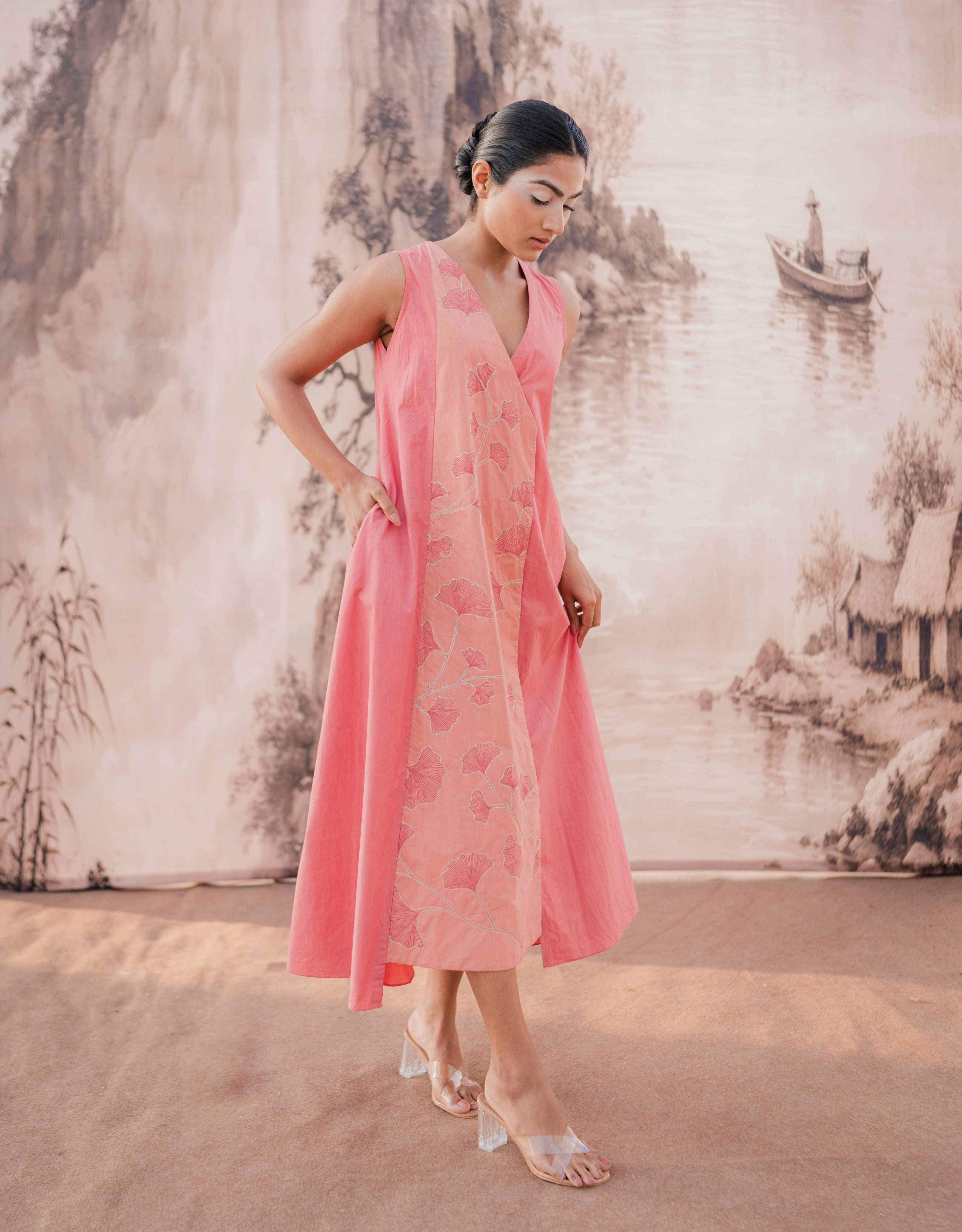 Blush Embroidered & Handpainted Anghrakha Cotton Dress