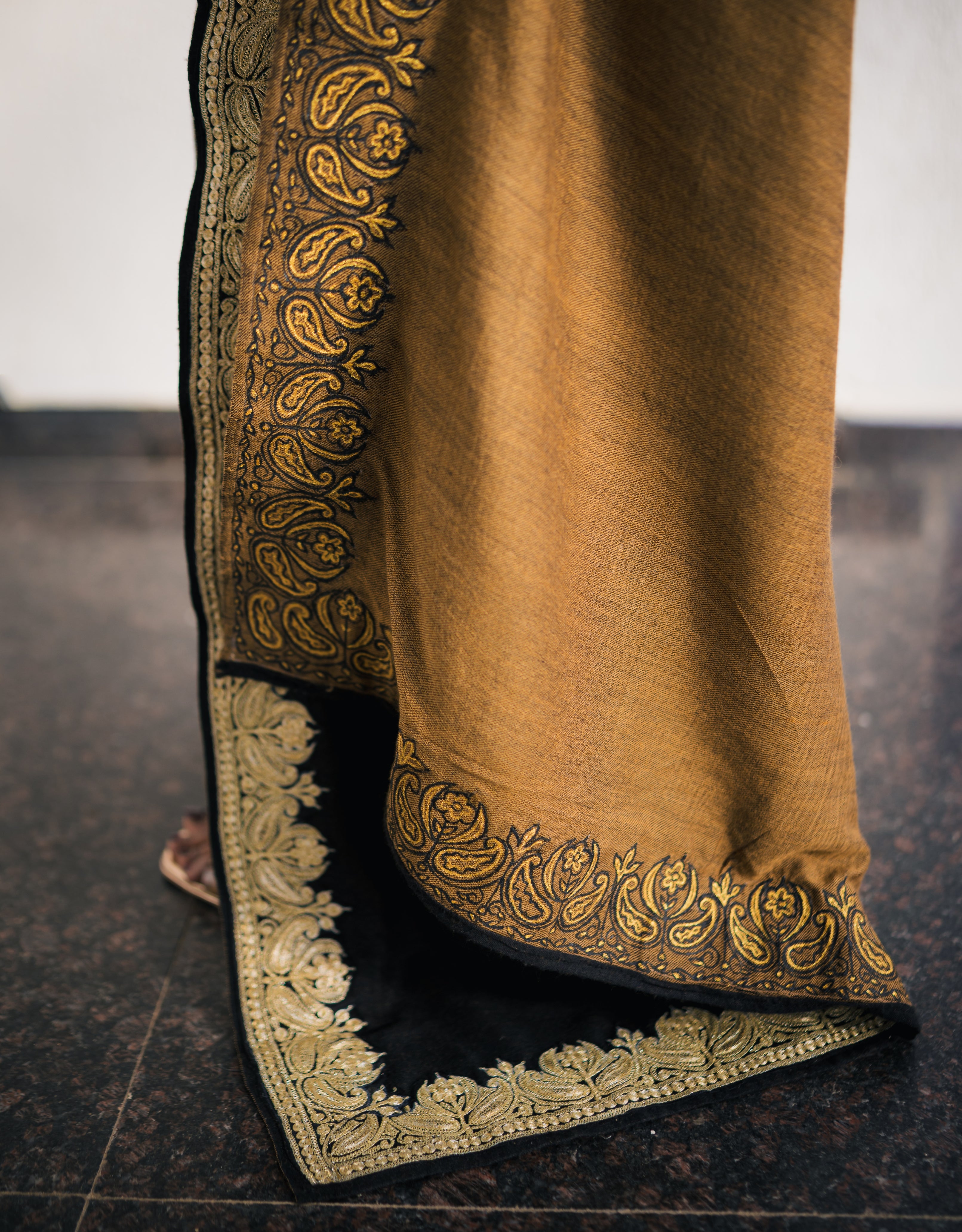 Ochre Black Reversible Embroidered Handpainted Pashmina Saree