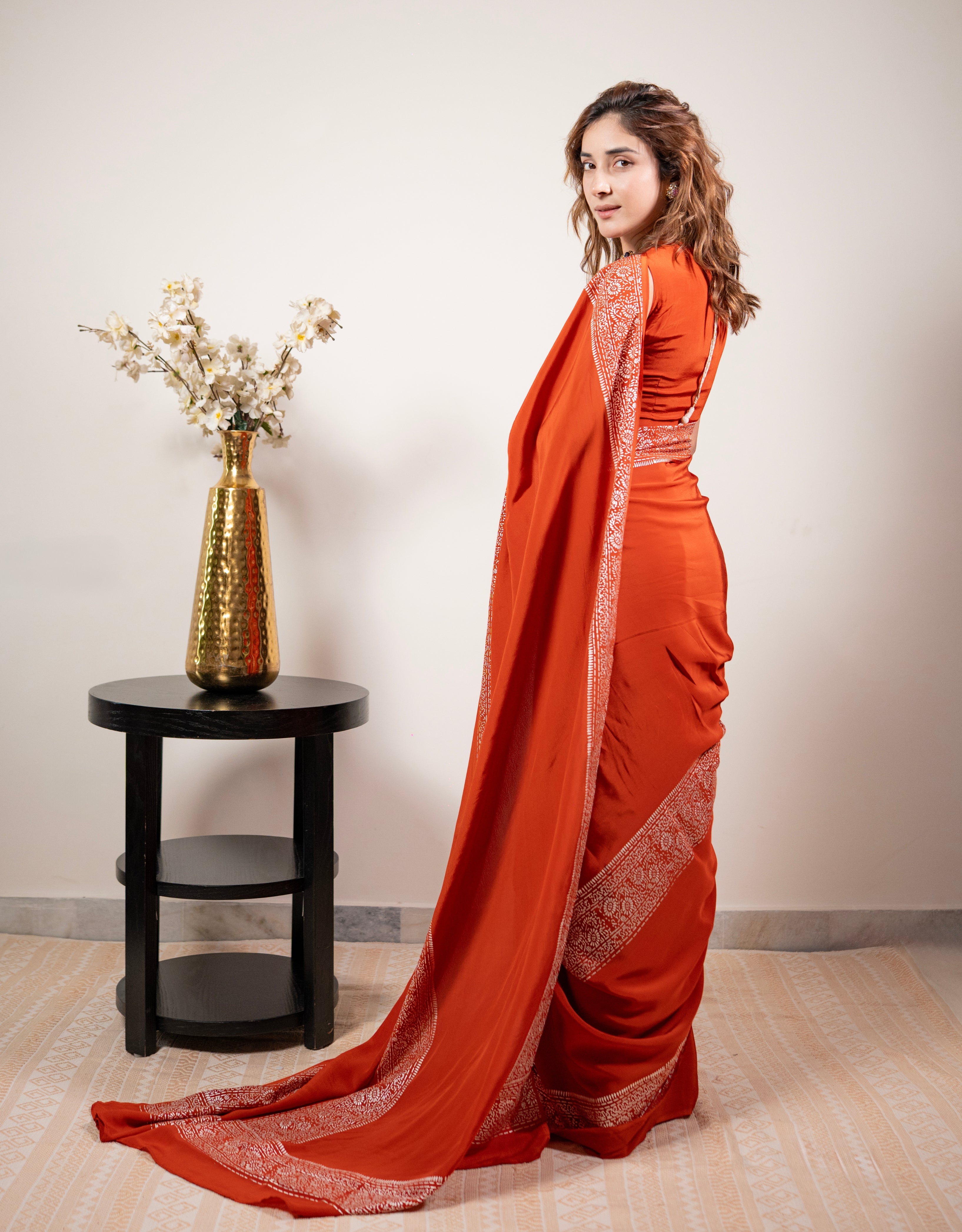 Burnt Orange Organic Crepe Real Silver Saree
