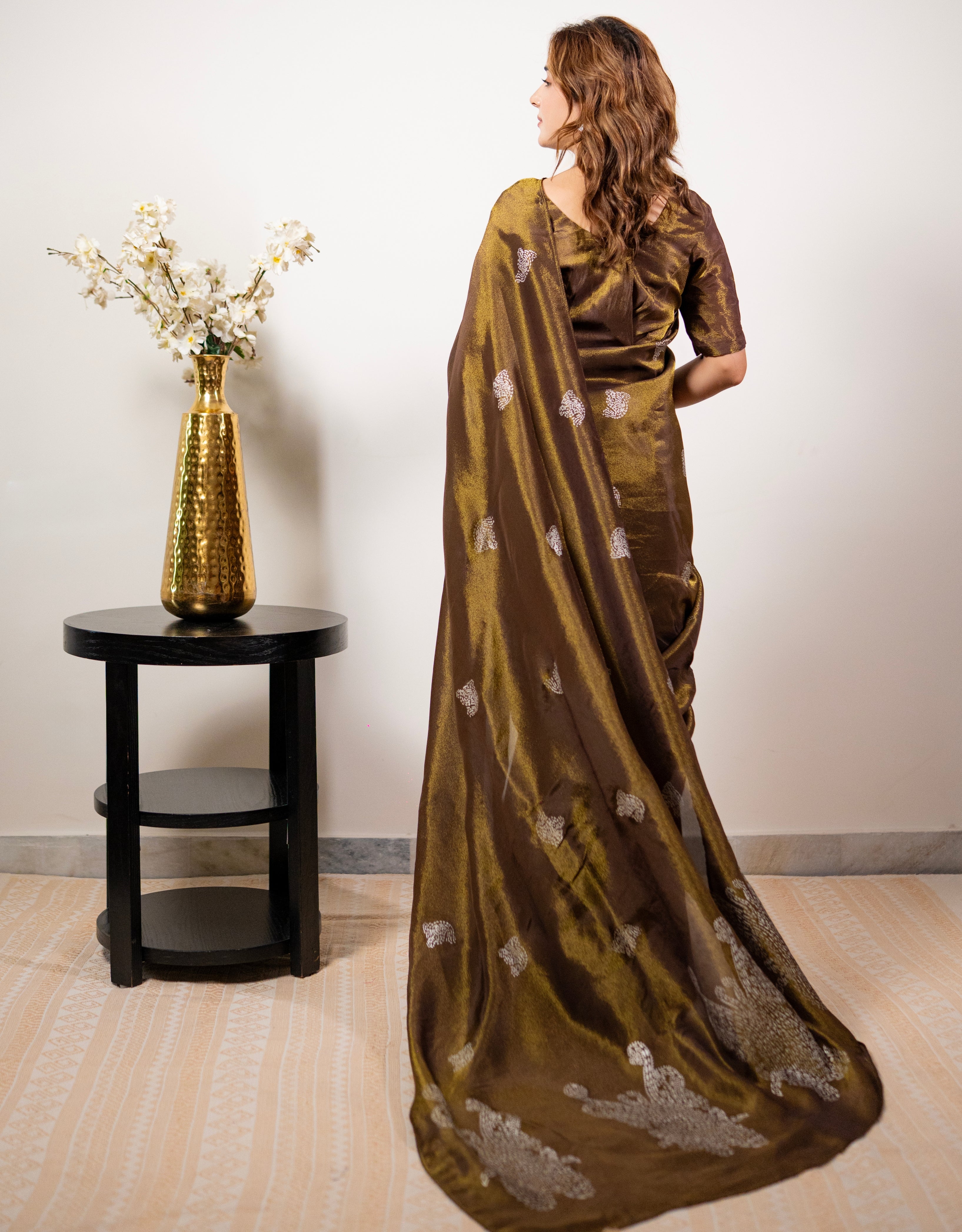 Caramel Gold Real Silver Saree in Tissue Silk
