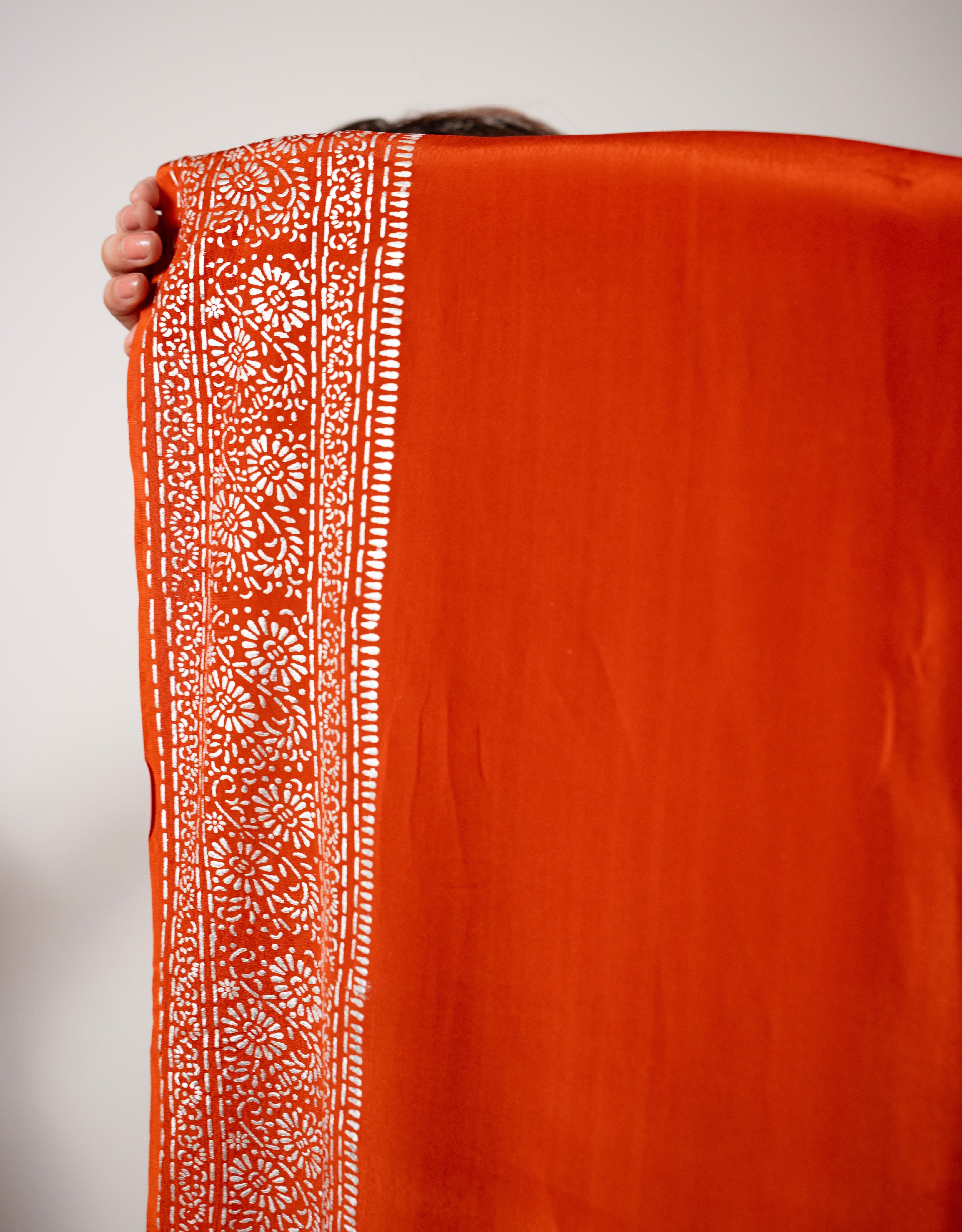 Burnt Orange Organic Crepe Real Silver Saree