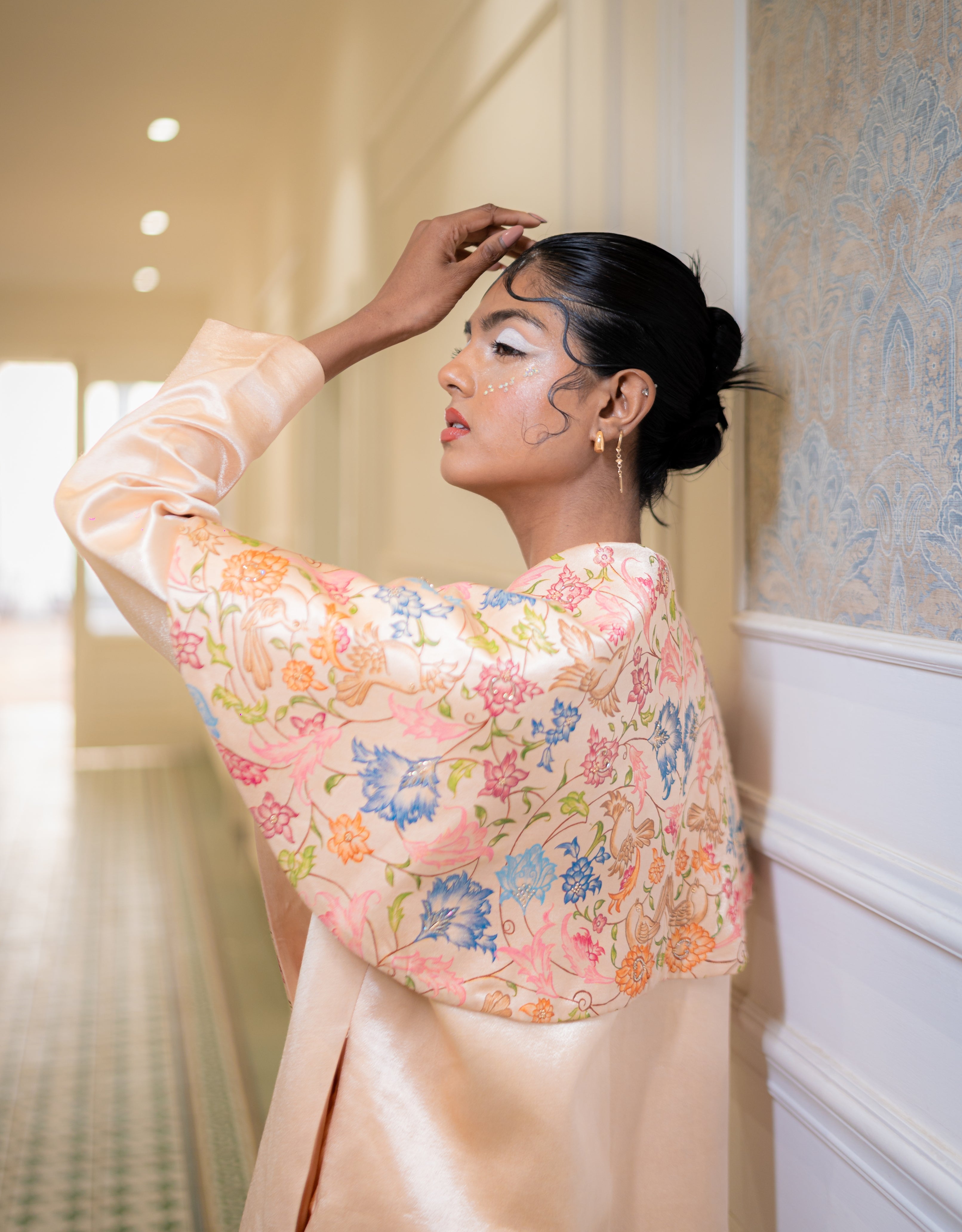 Champagne Handpainted Mashru Cape Collar Coat