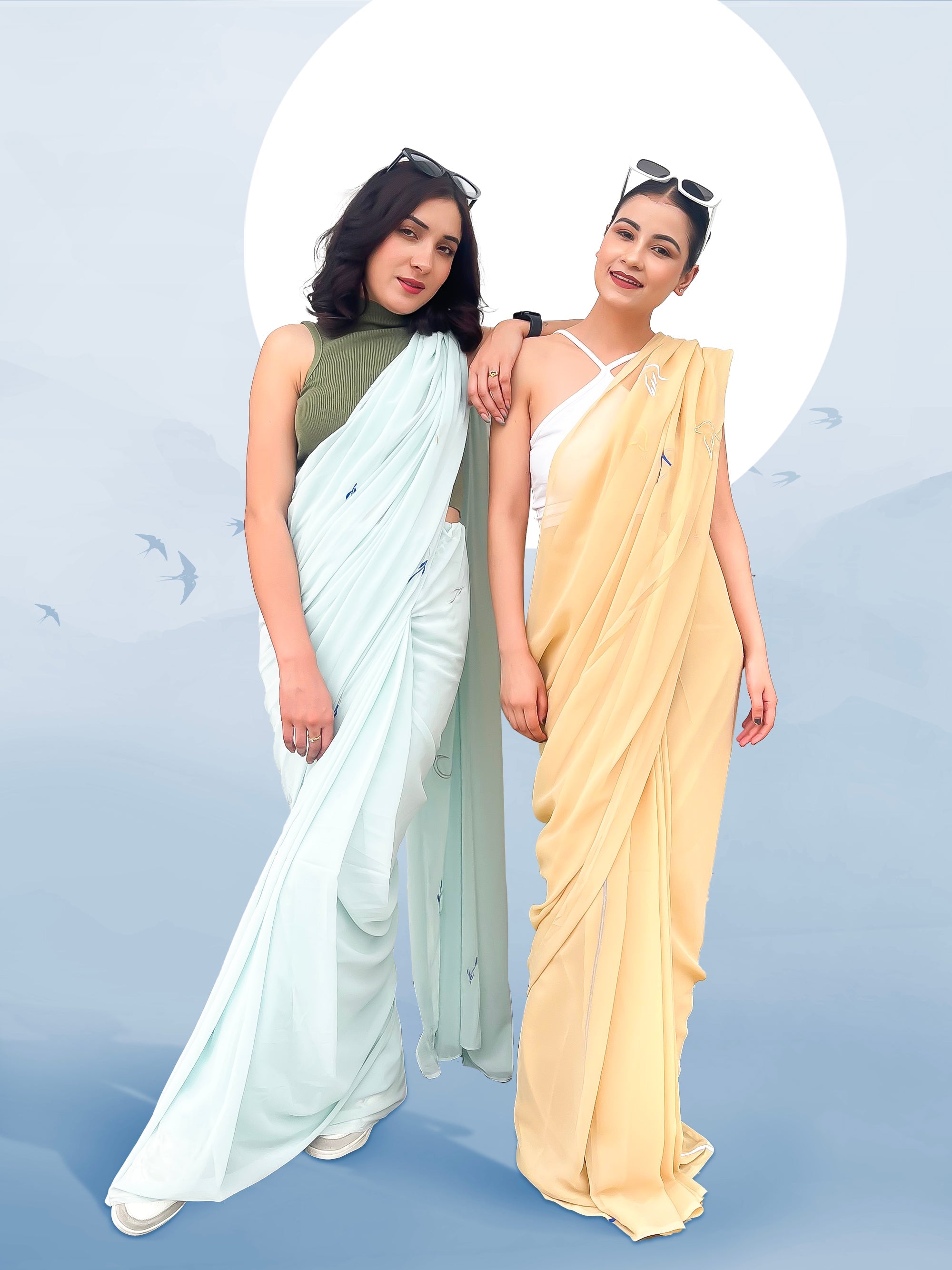 Flying Home - Beige saree with embroidered multicolored birds (October Summer)
