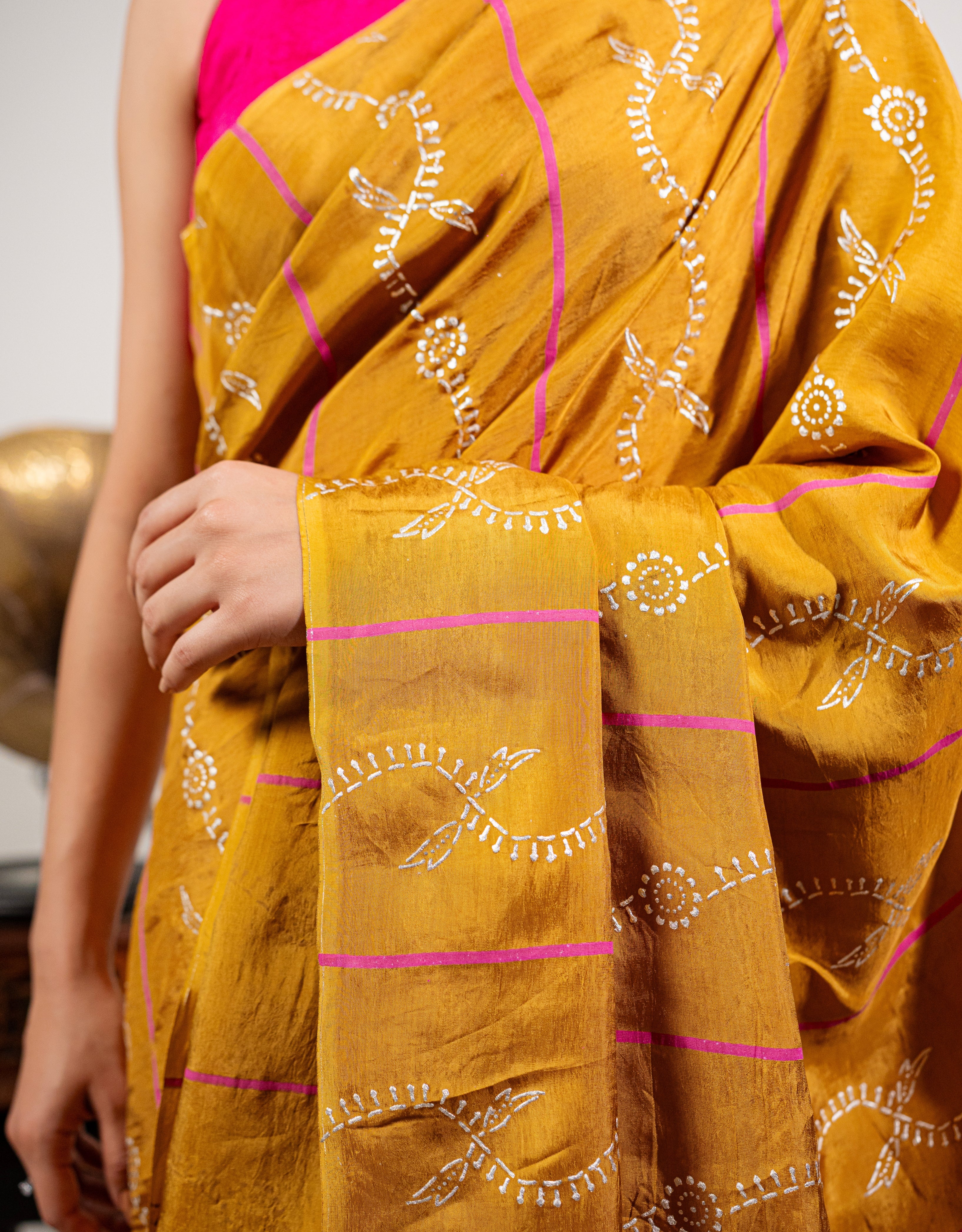 Honey Fuchsia Real Silver Block Print Silk Saree