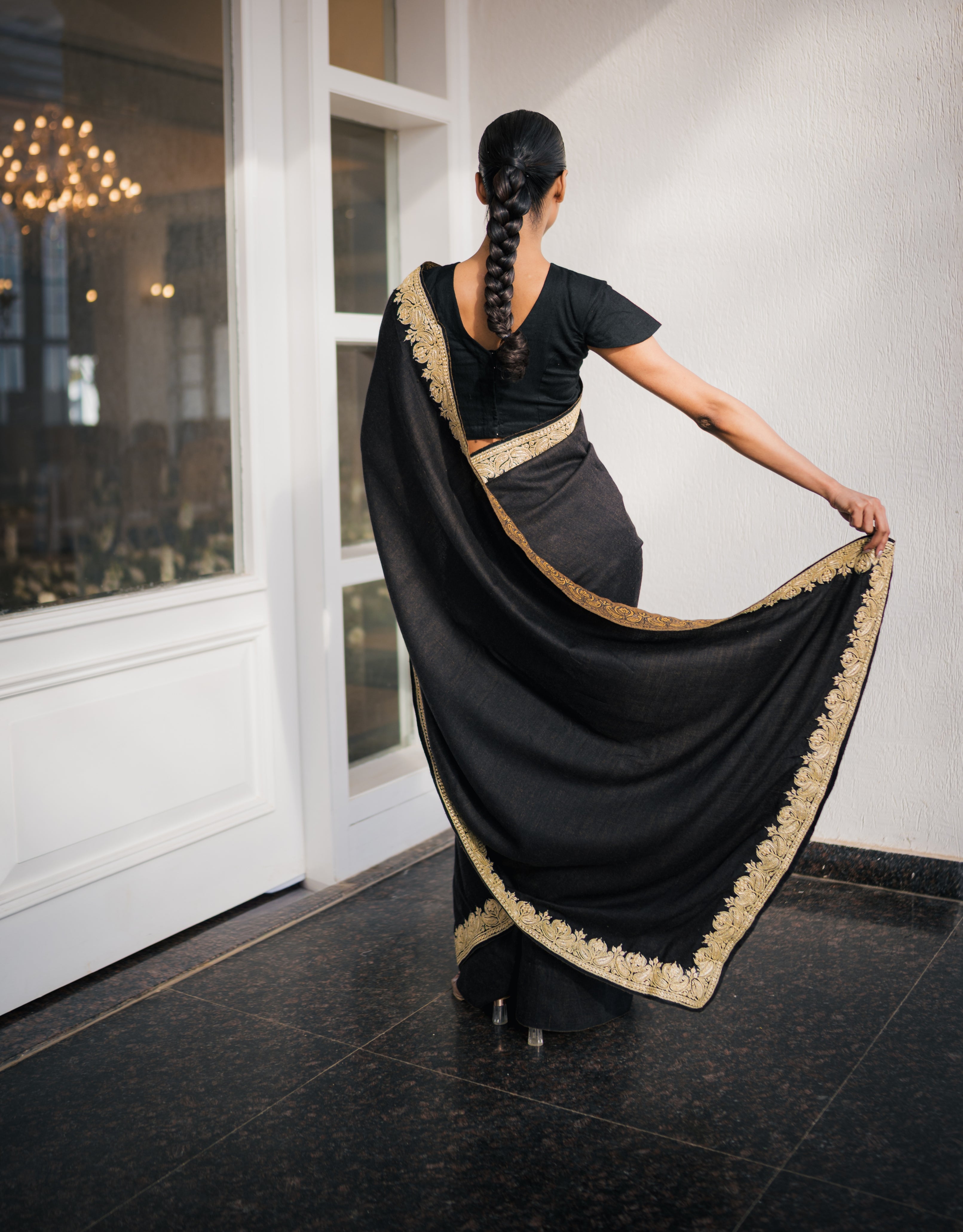Ochre Black Reversible Embroidered Handpainted Pashmina Saree