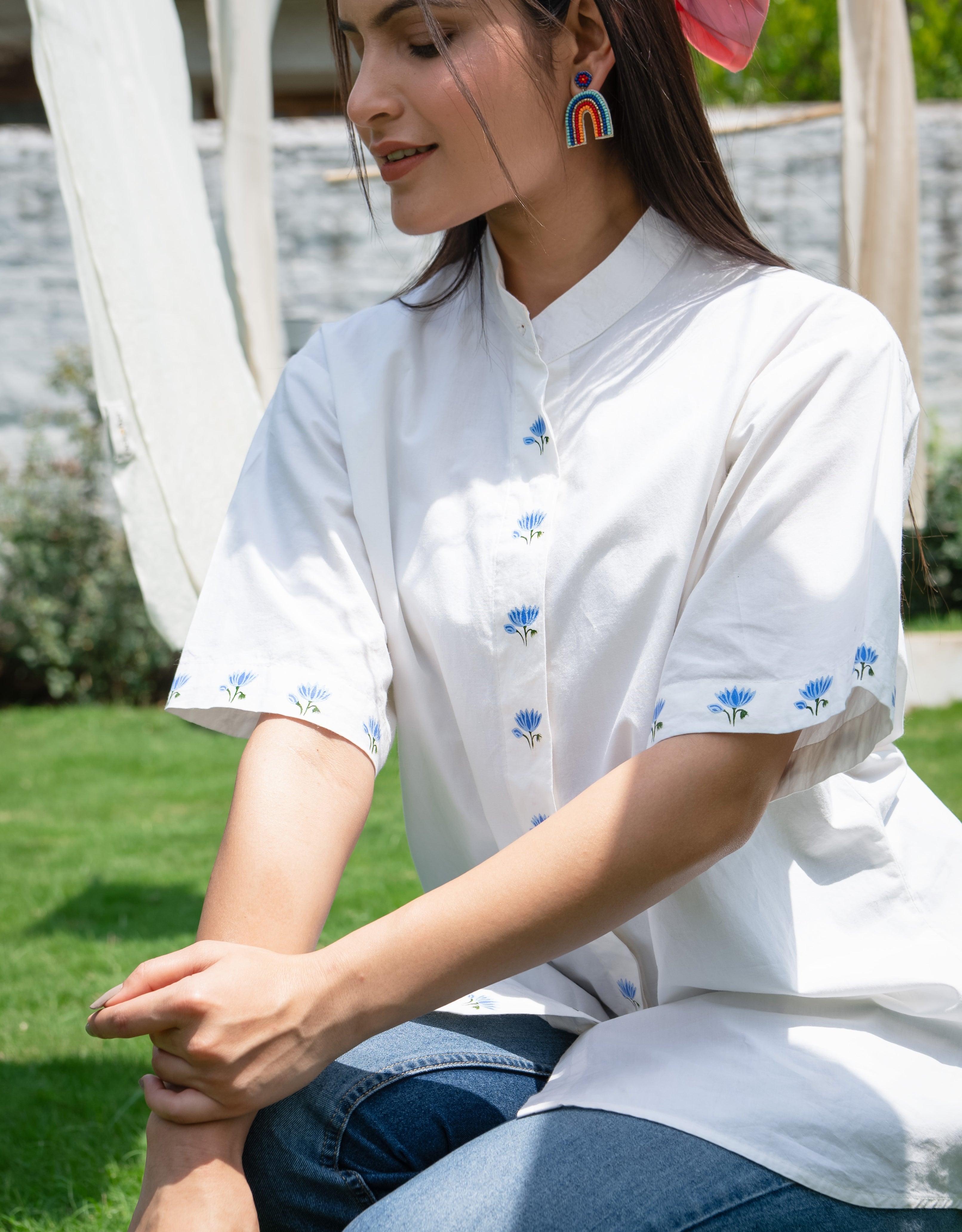 Ivory Blue Lotus Handpainted Cotton Shirt with Band Neck Collar