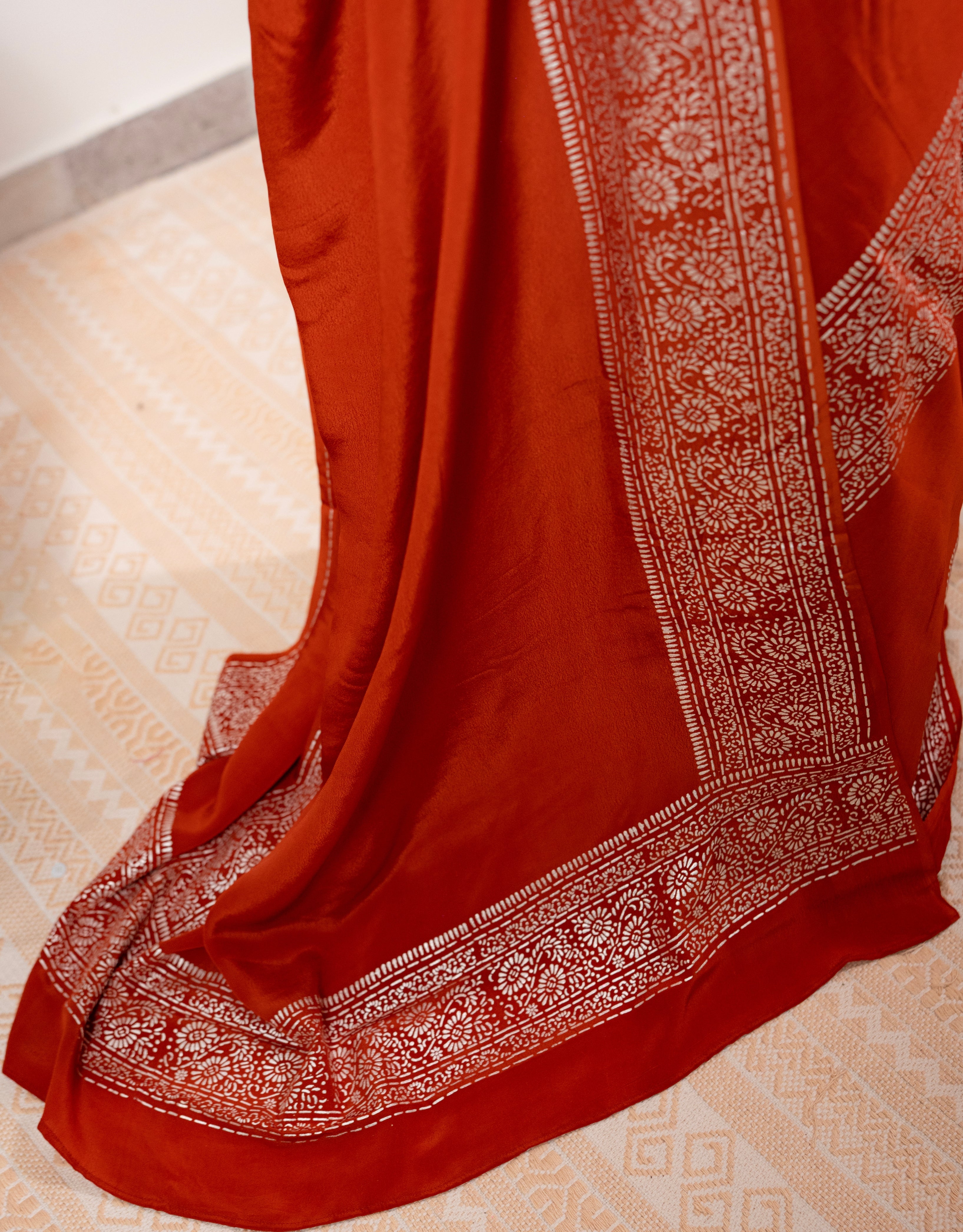 Burnt Orange Organic Crepe Real Silver Saree