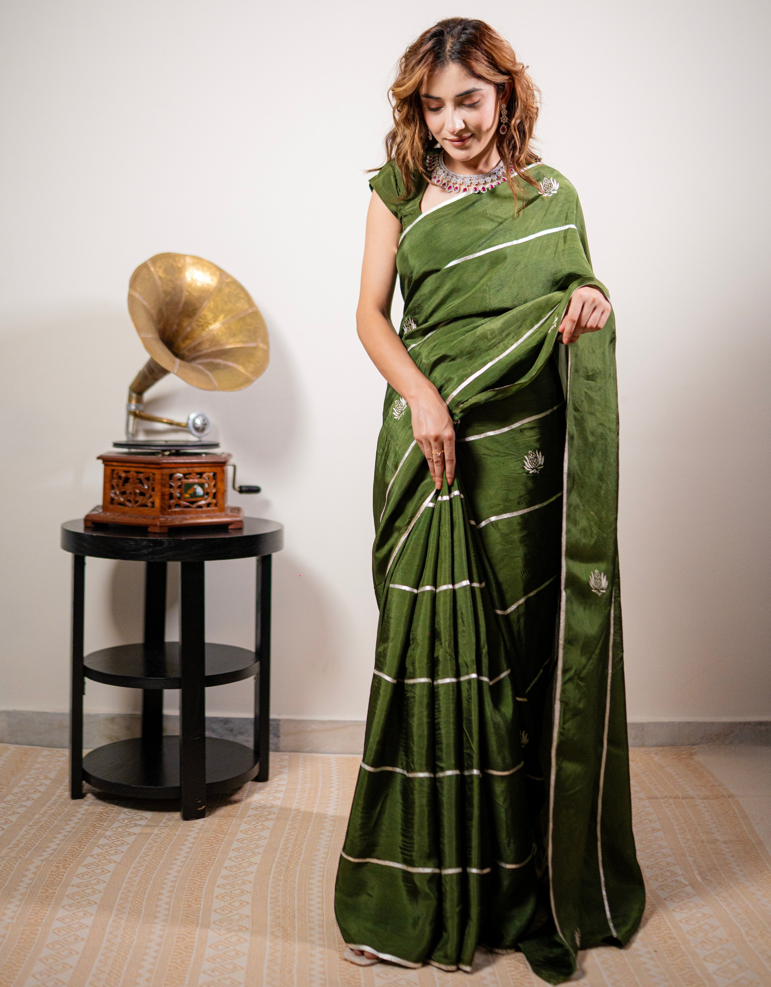 Sage Stripe Real Silver Silk Saree
